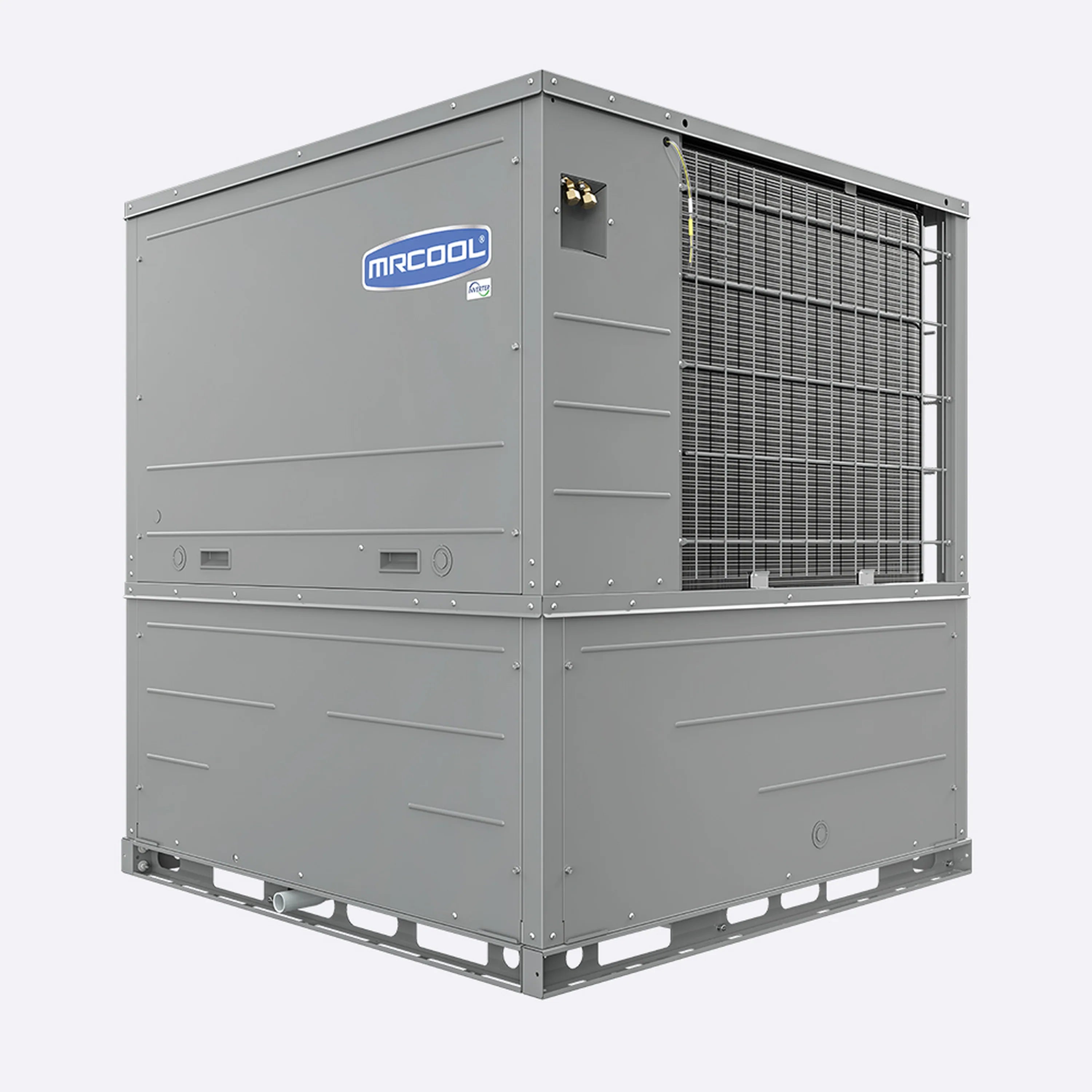 MRCOOL outdoor packaged heat pump condenser, side view with louvered coil panel