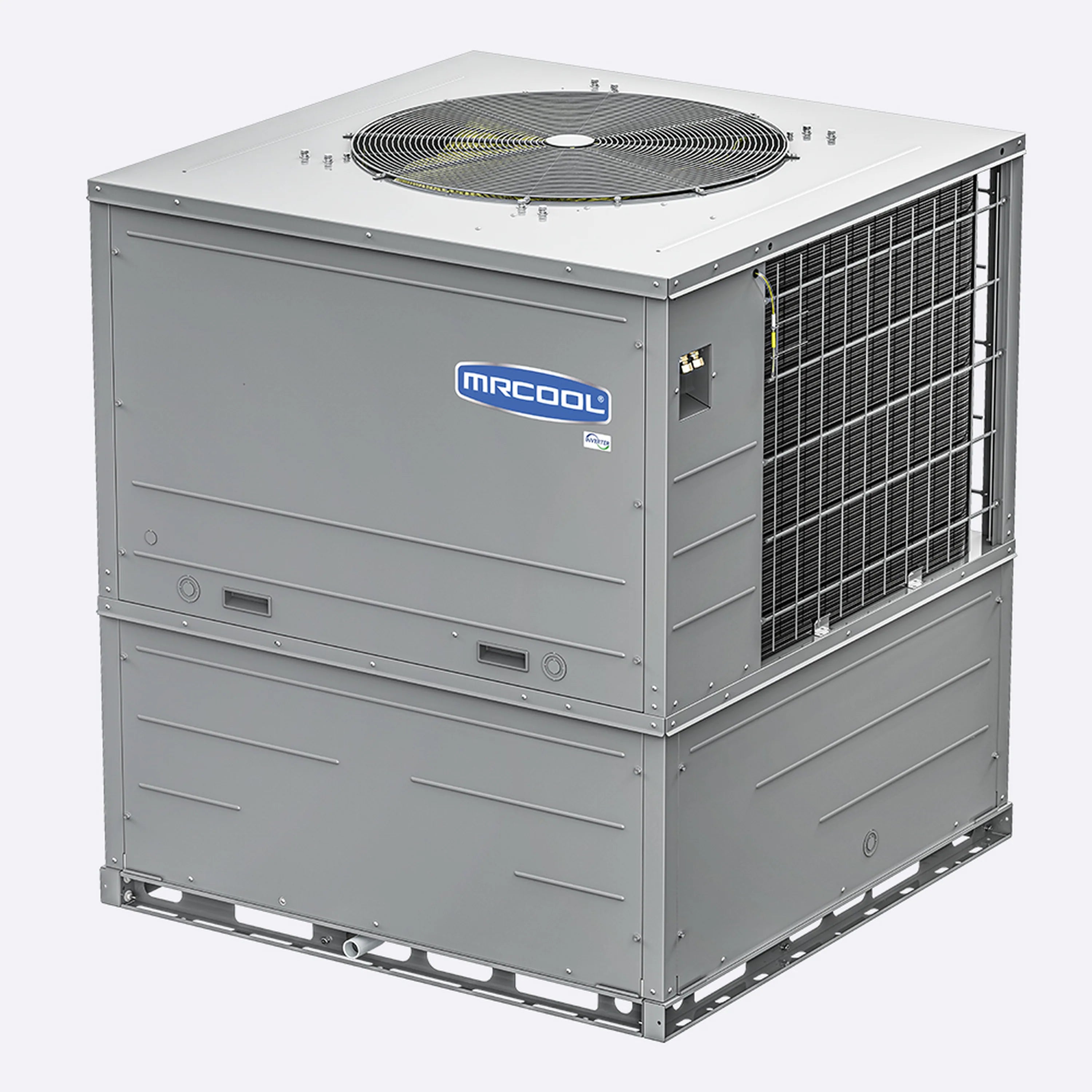 MRCOOL outdoor packaged heat pump condenser with top fan and side coil grilles
