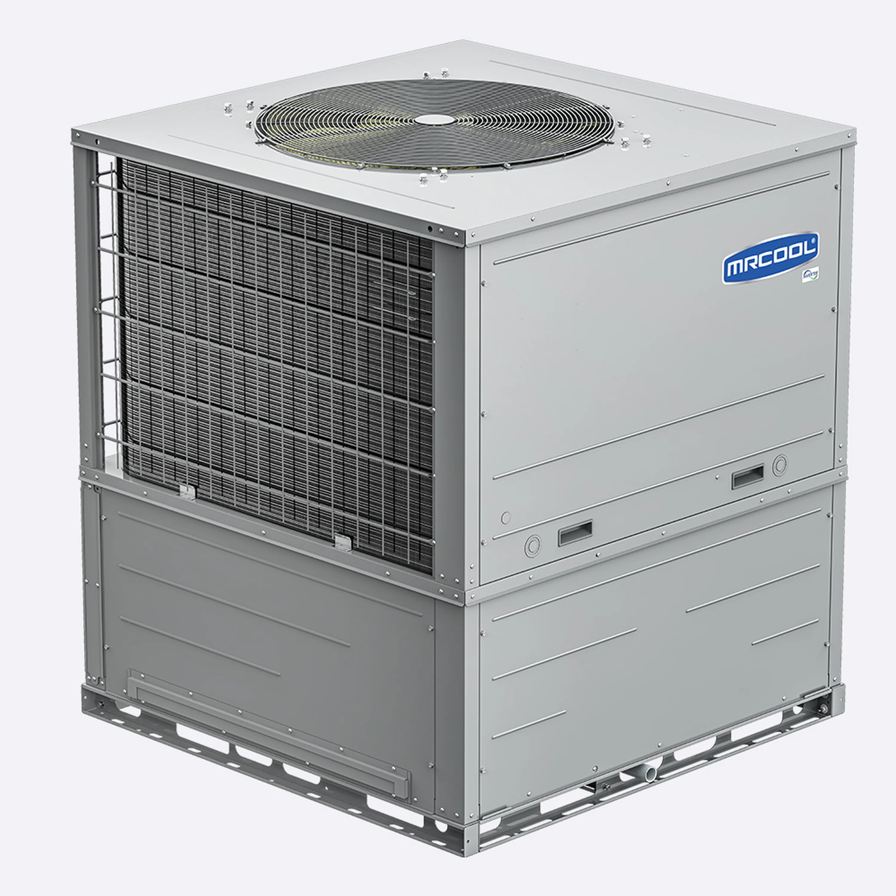 MRCOOL outdoor packaged heat pump condenser, angled view with exposed coil and fan