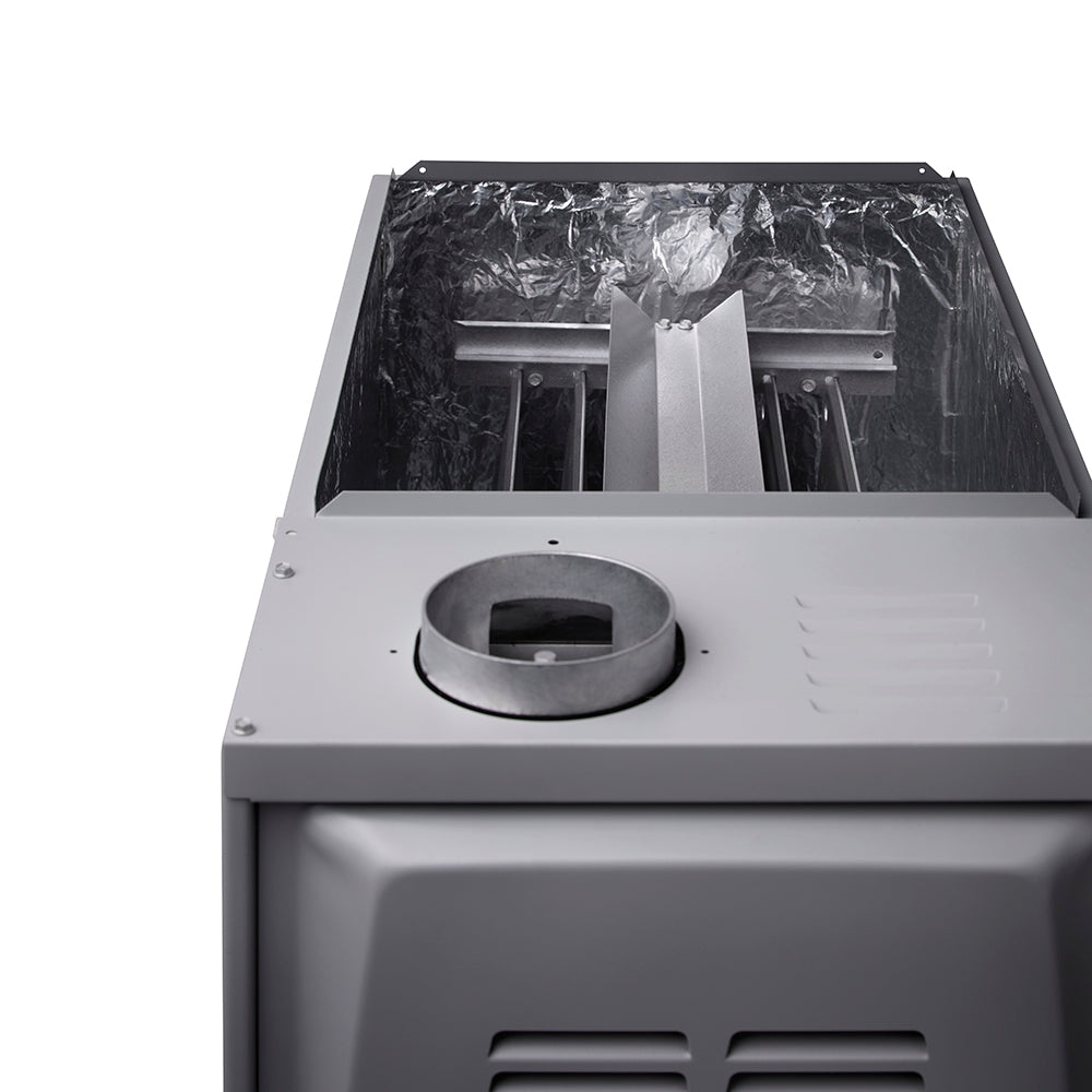 Open gray gas furnace top with duct collar and flue interior lining