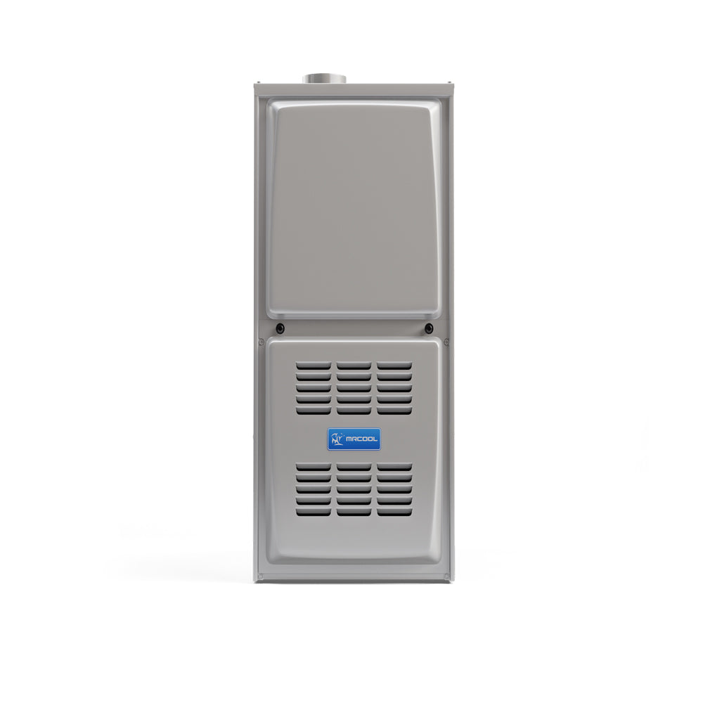 Gray gas furnace cabinet with front vented panel and exhaust outlet