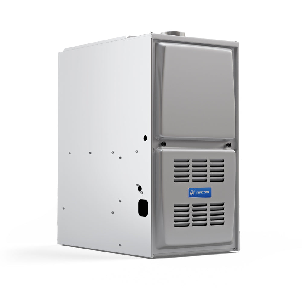 Gray gas furnace cabinet with side service openings and front vent panels