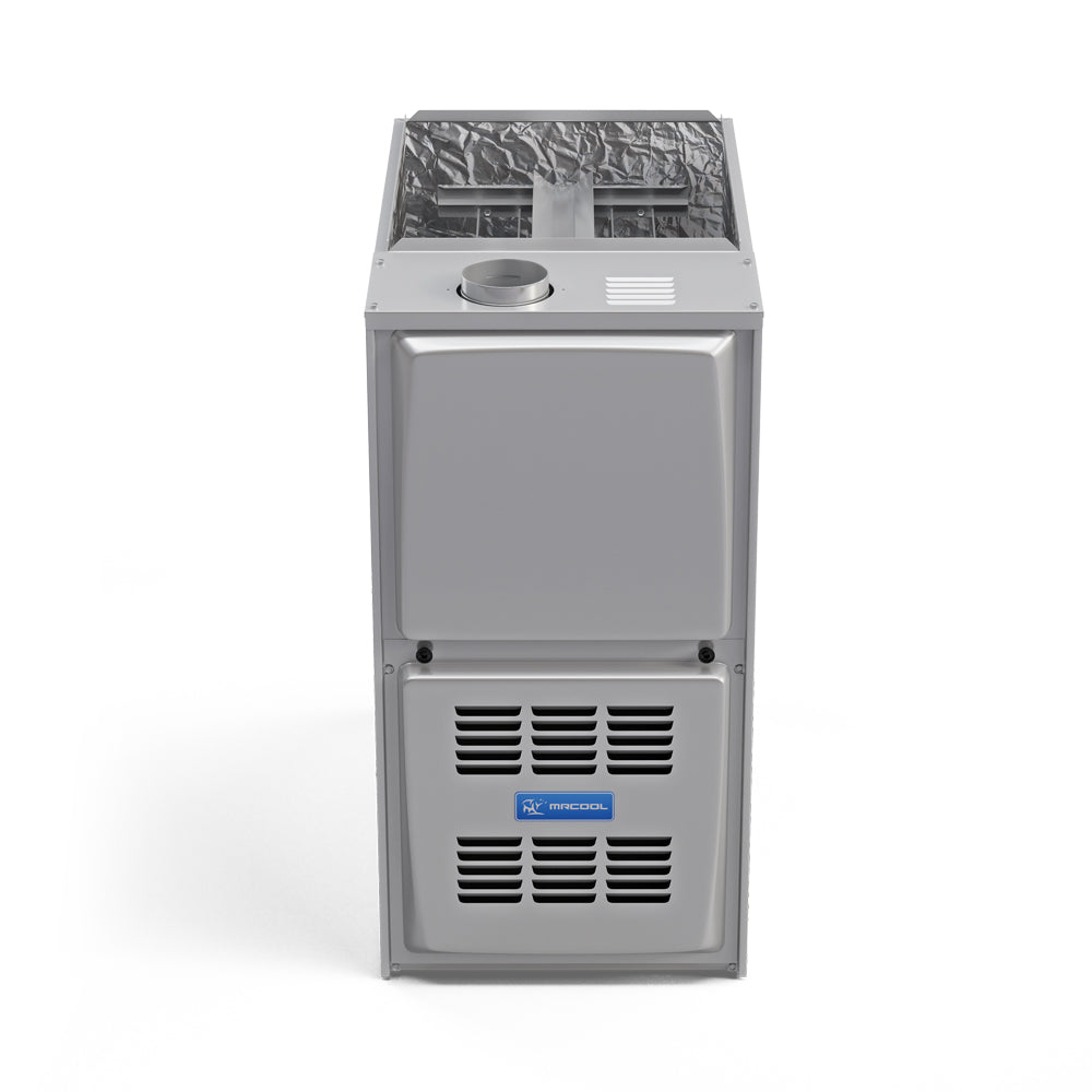 Gray gas furnace with top opening showing vent and front louver grille