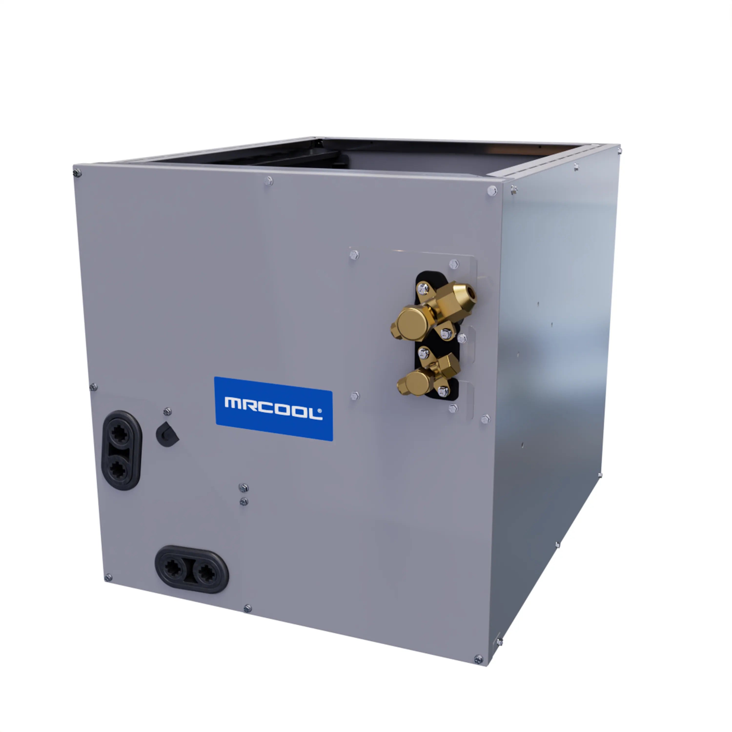 MRCOOL cased coil, gray metal enclosure with brass fittings and side ports