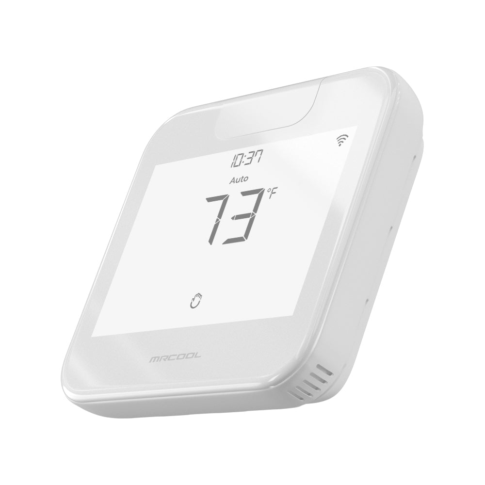 MRCOOL smart Wi‑Fi mini thermostat, white angled face with temperature display