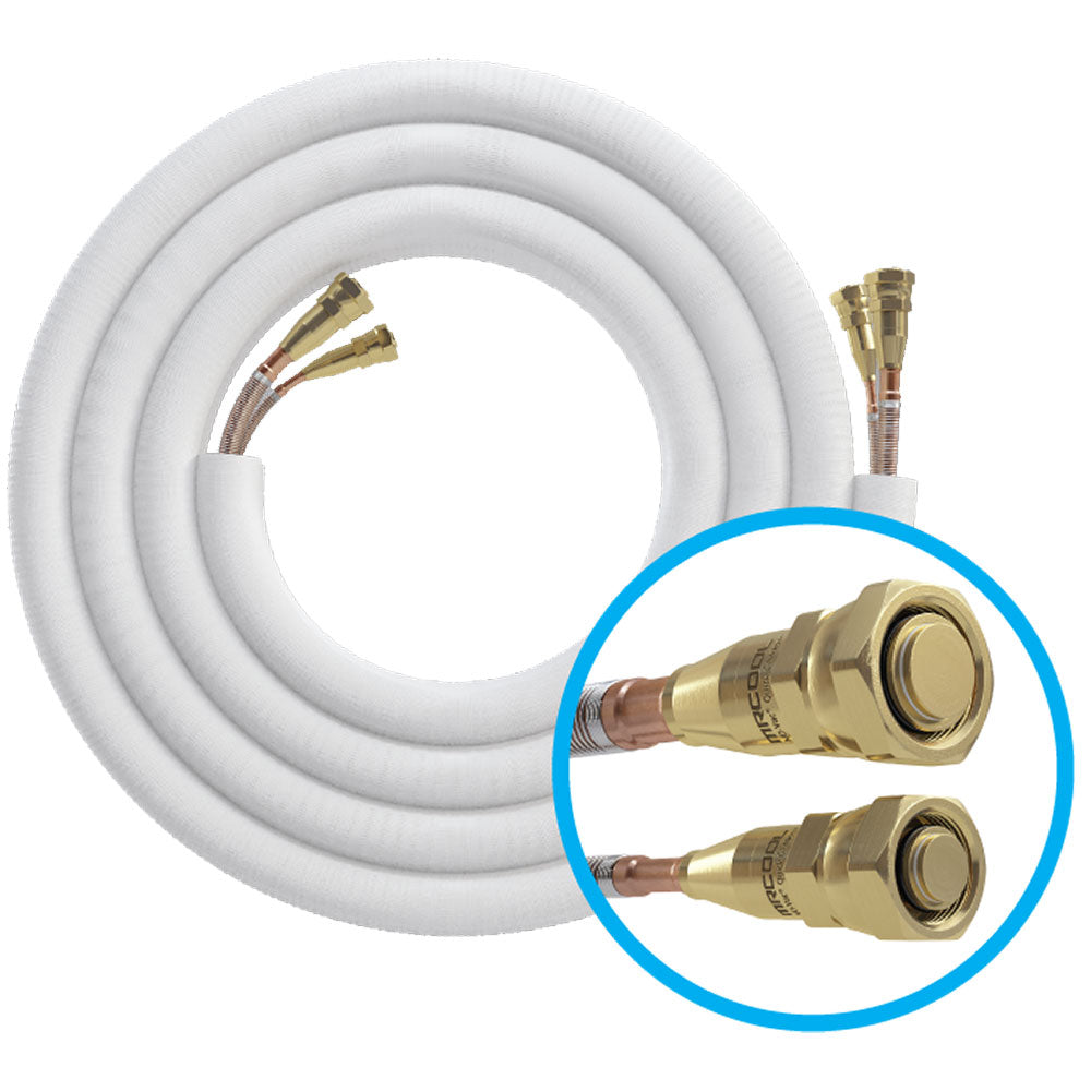 HVAC line set ends with brass shutoff fittings and white insulation