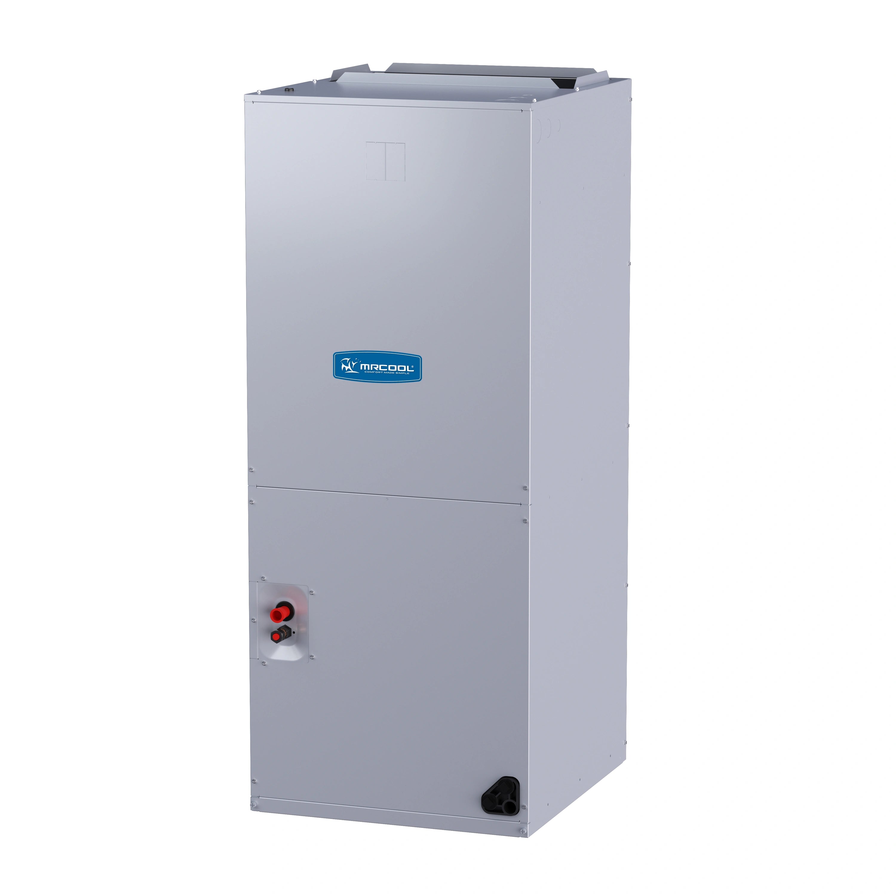MRCOOL ProDirect air handler, gray metal cabinet with control ports and access panels
