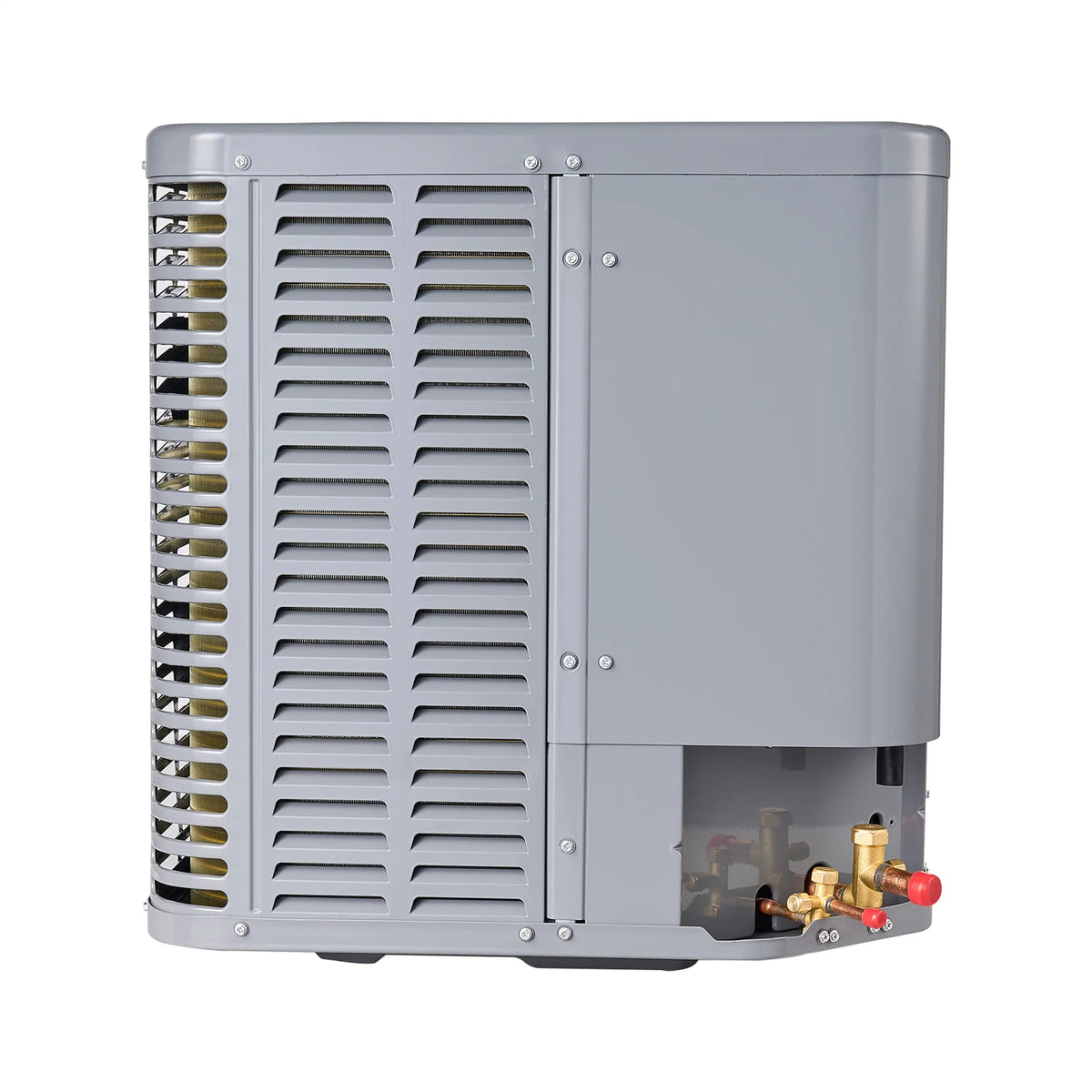 Gray air conditioner condenser unit side with vent panels and refrigerant service fittings