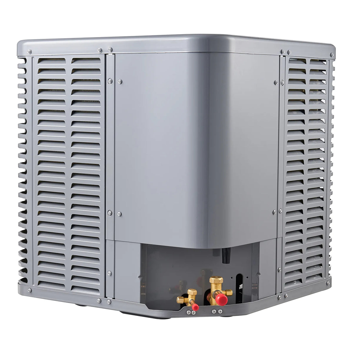 Gray outdoor split-system heat pump condenser with vented panels and service ports