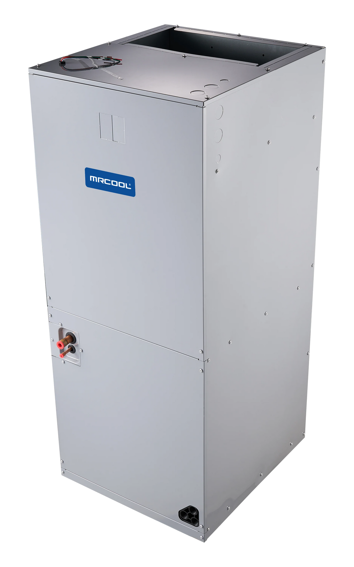 White metal split-system air handler with service ports and vent opening