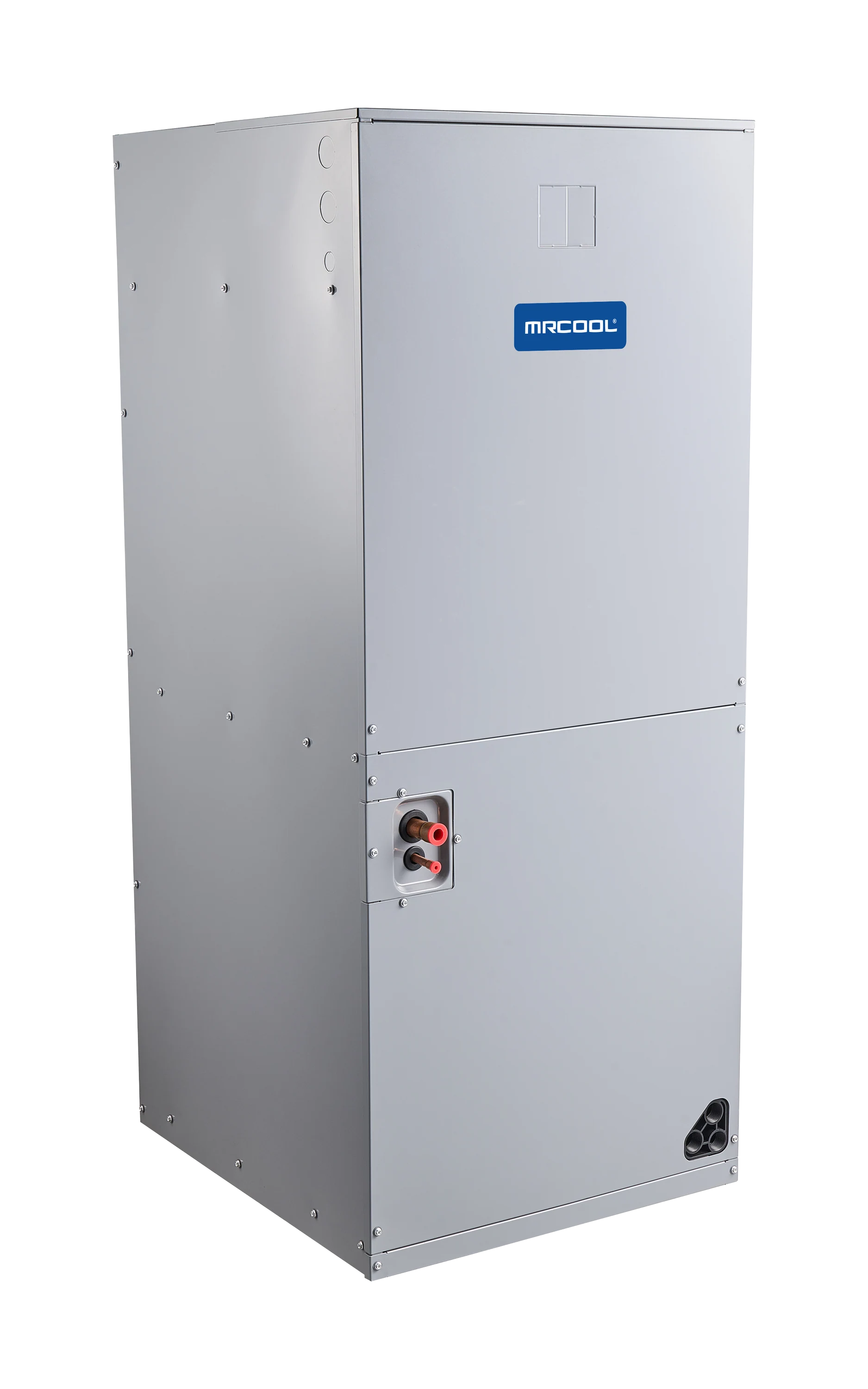 White MRCOOL air handler cabinet showing side seam and electrical service panel