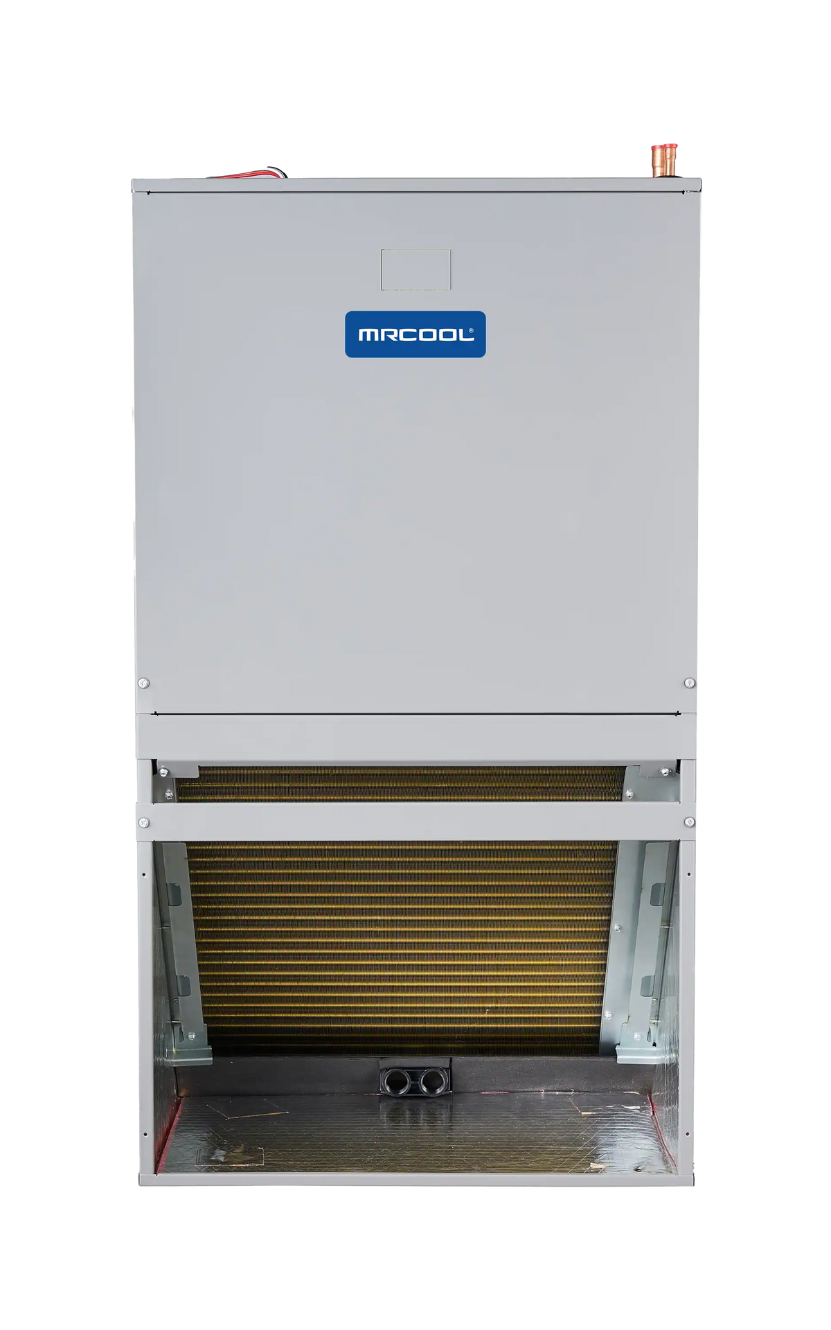 Open air handler showing heat exchanger coil and MRCOOL badge