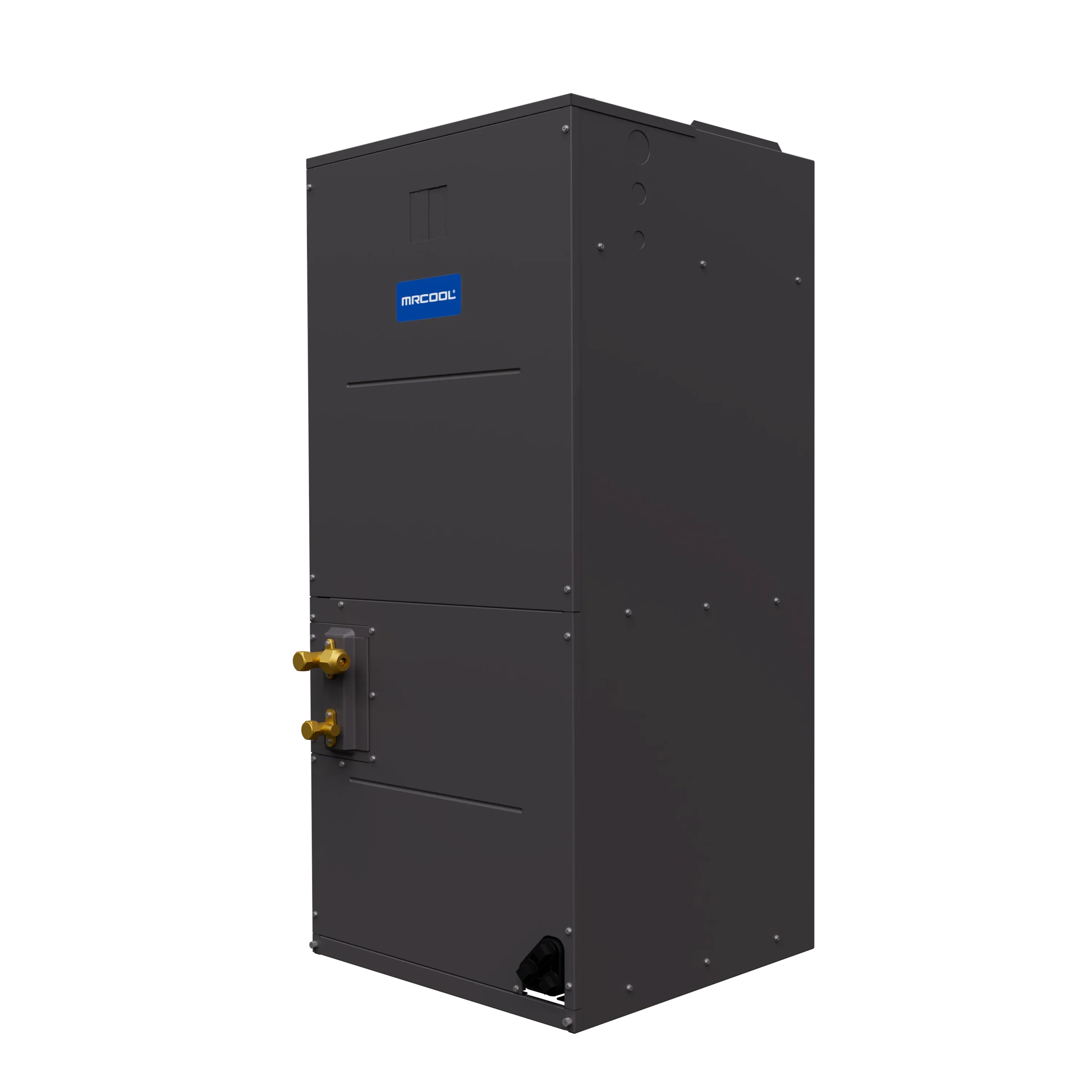 Multi-position air handler cabinet, dark gray metal with MRCOOL logo and service fittings