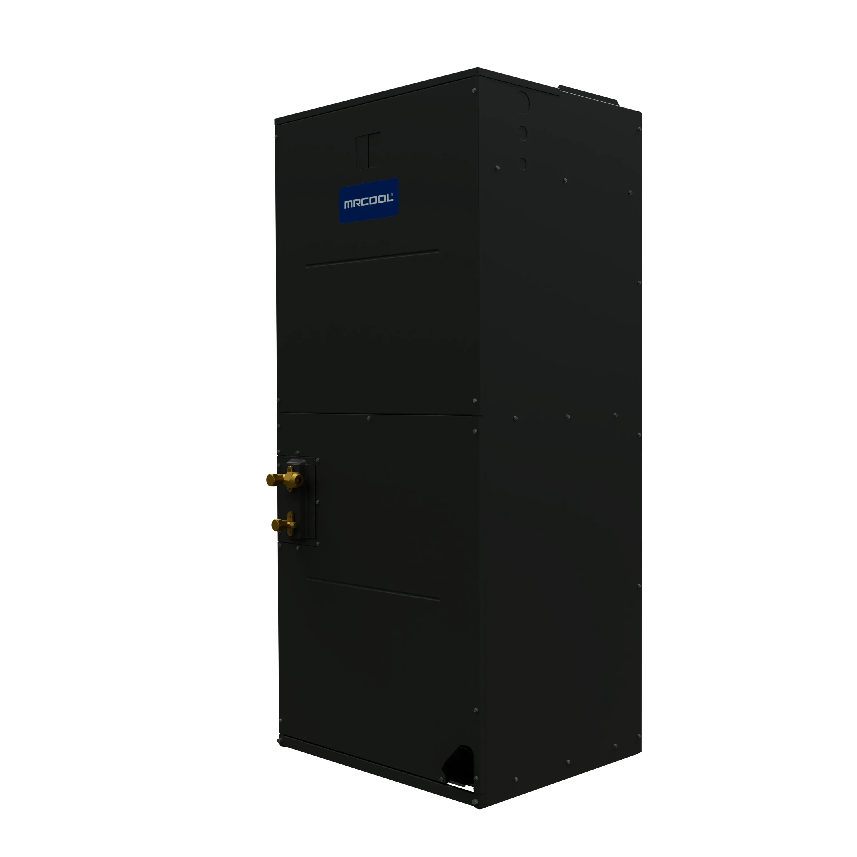 Black multi-position air handler unit with gold valve fittings and MRCOOL badge