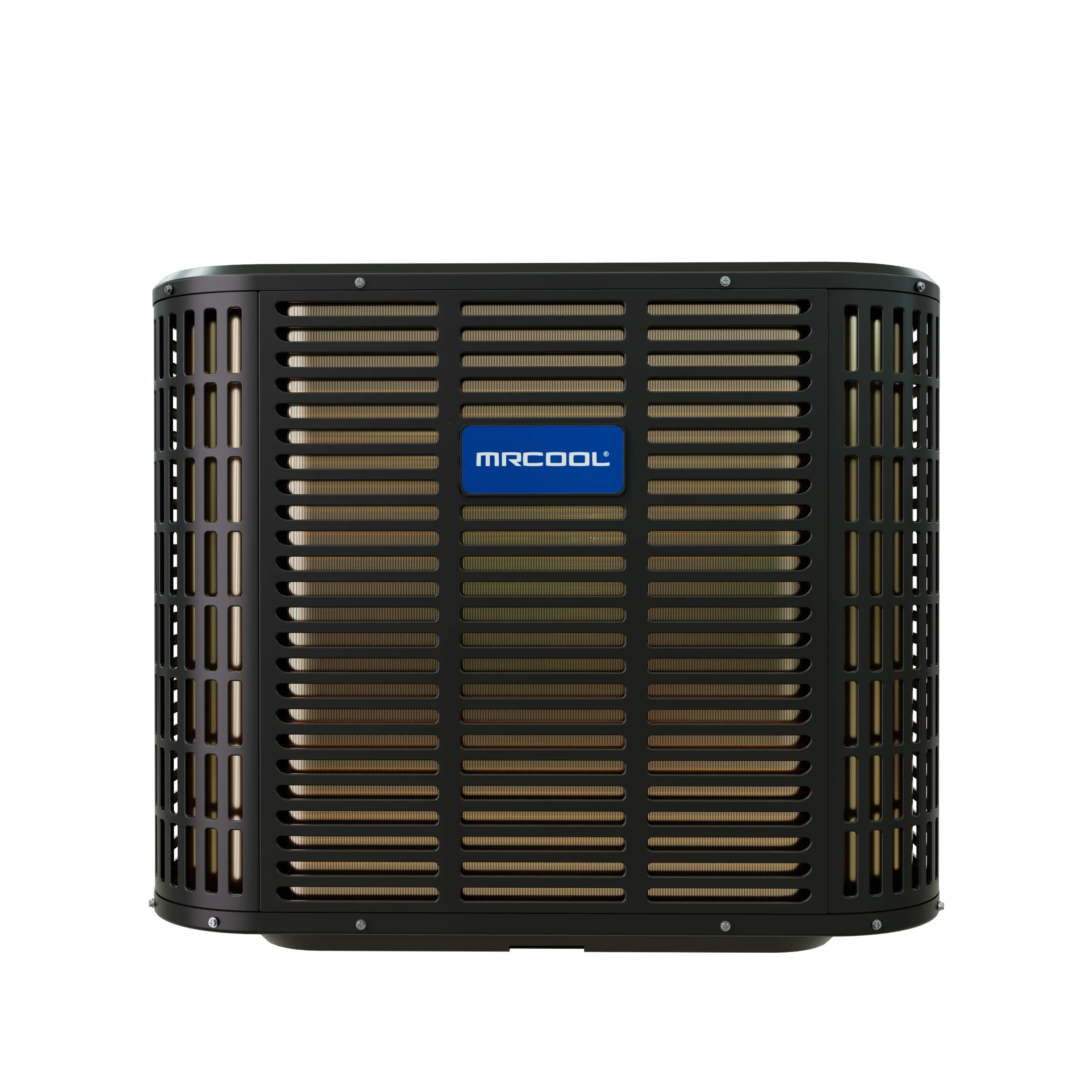 MRCOOL heat pump condenser, black front grille with MRCOOL logo and louvered vents