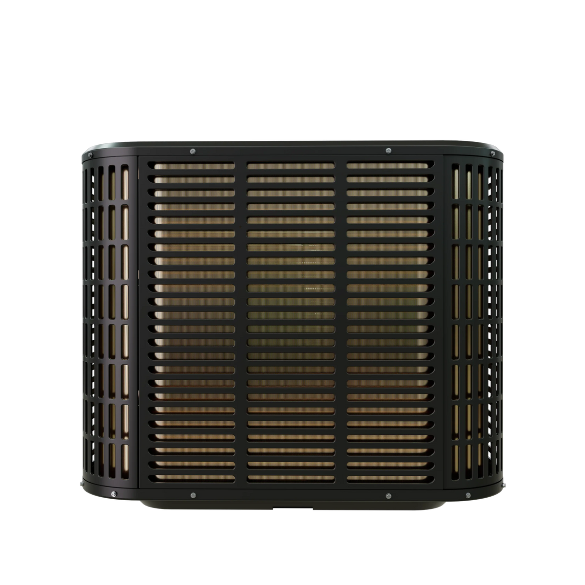 Black outdoor heat pump condenser front view with gold louvered fan grille