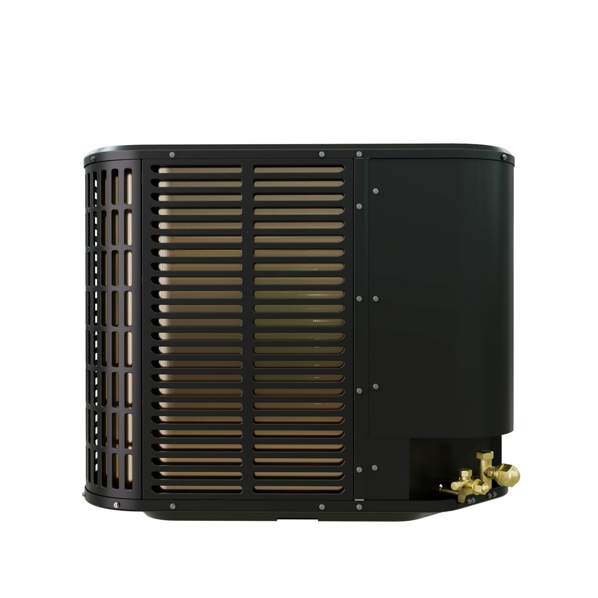 Black outdoor heat pump condenser seen from rear-left, gold vent grille and trim