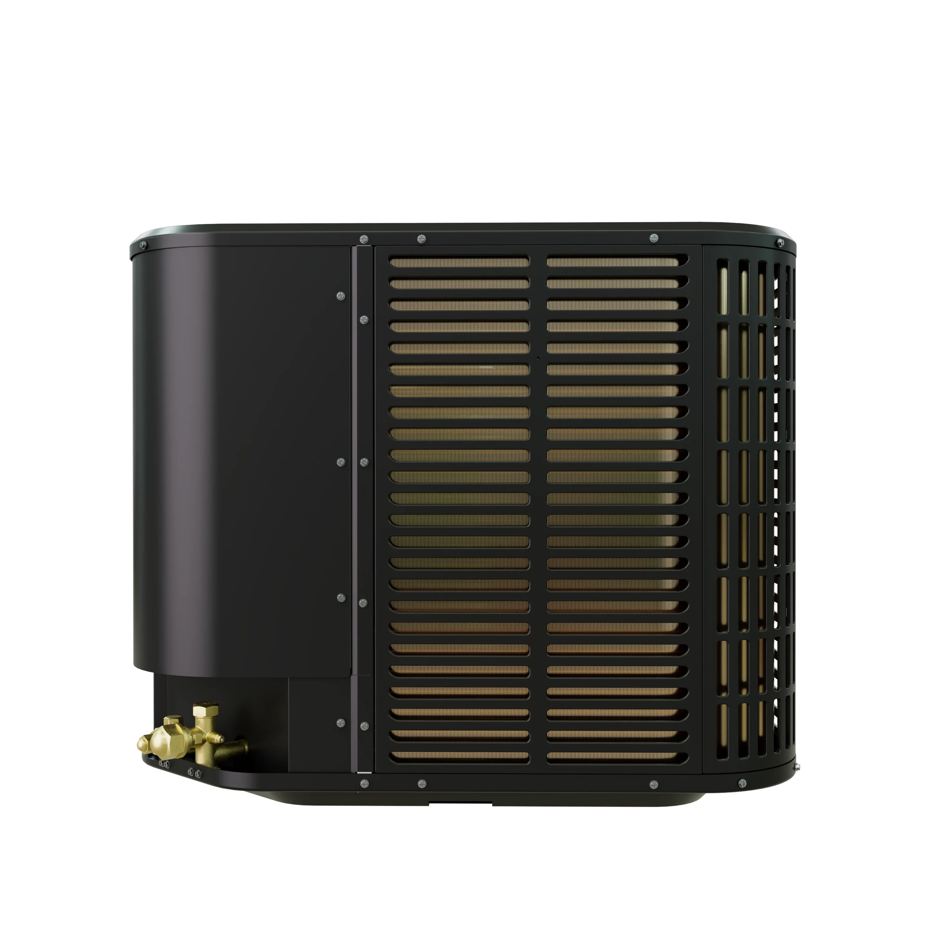 Black outdoor heat pump condenser with gold grille vents and side panel cutouts