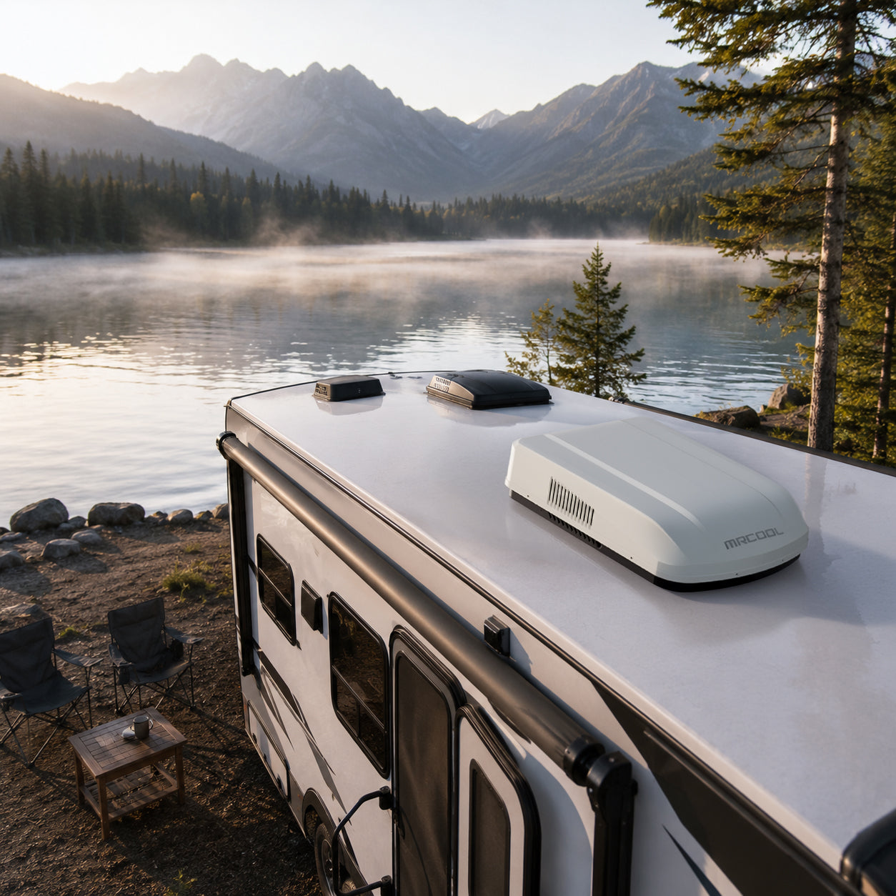 MRCOOL TravelCool white RV inverter heat pump installed lifestyle 3