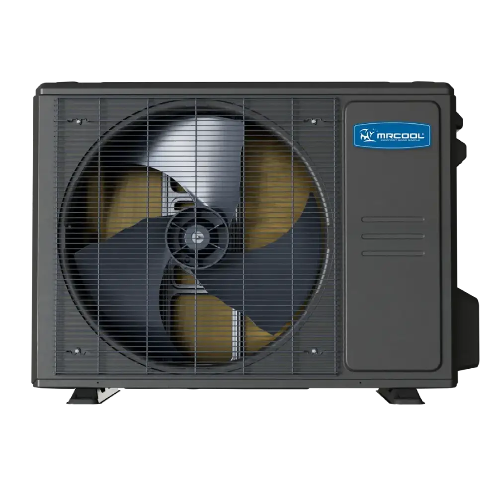 MRCOOL air-source heat pump condenser unit, front grille with fan and coil.