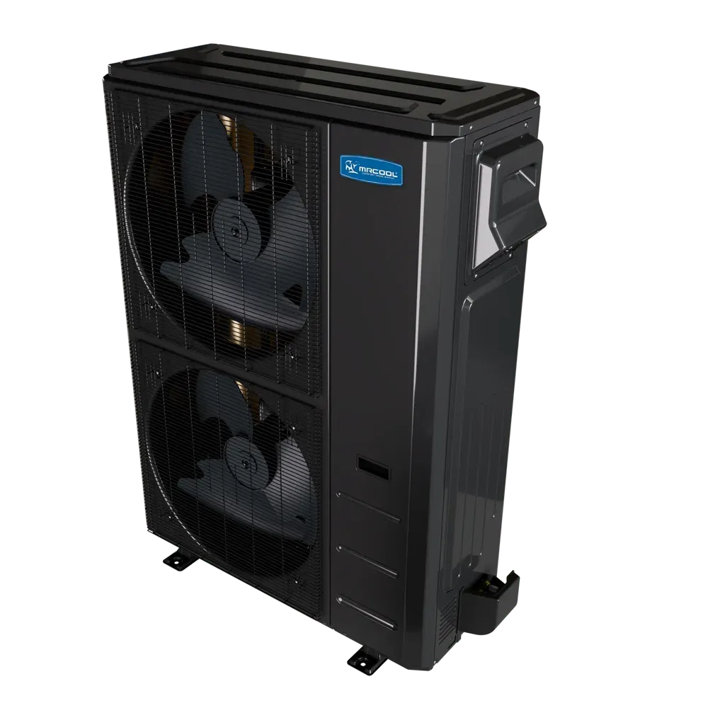 Side view of dual-fan heat pump condenser with dark gray metal casing and vents