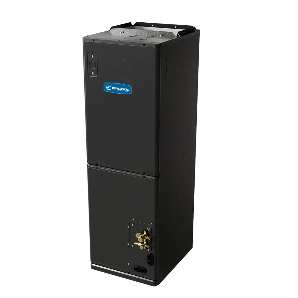 MRCOOL multiposition air handler unit with side view, ports, and top cover on dark cabinet