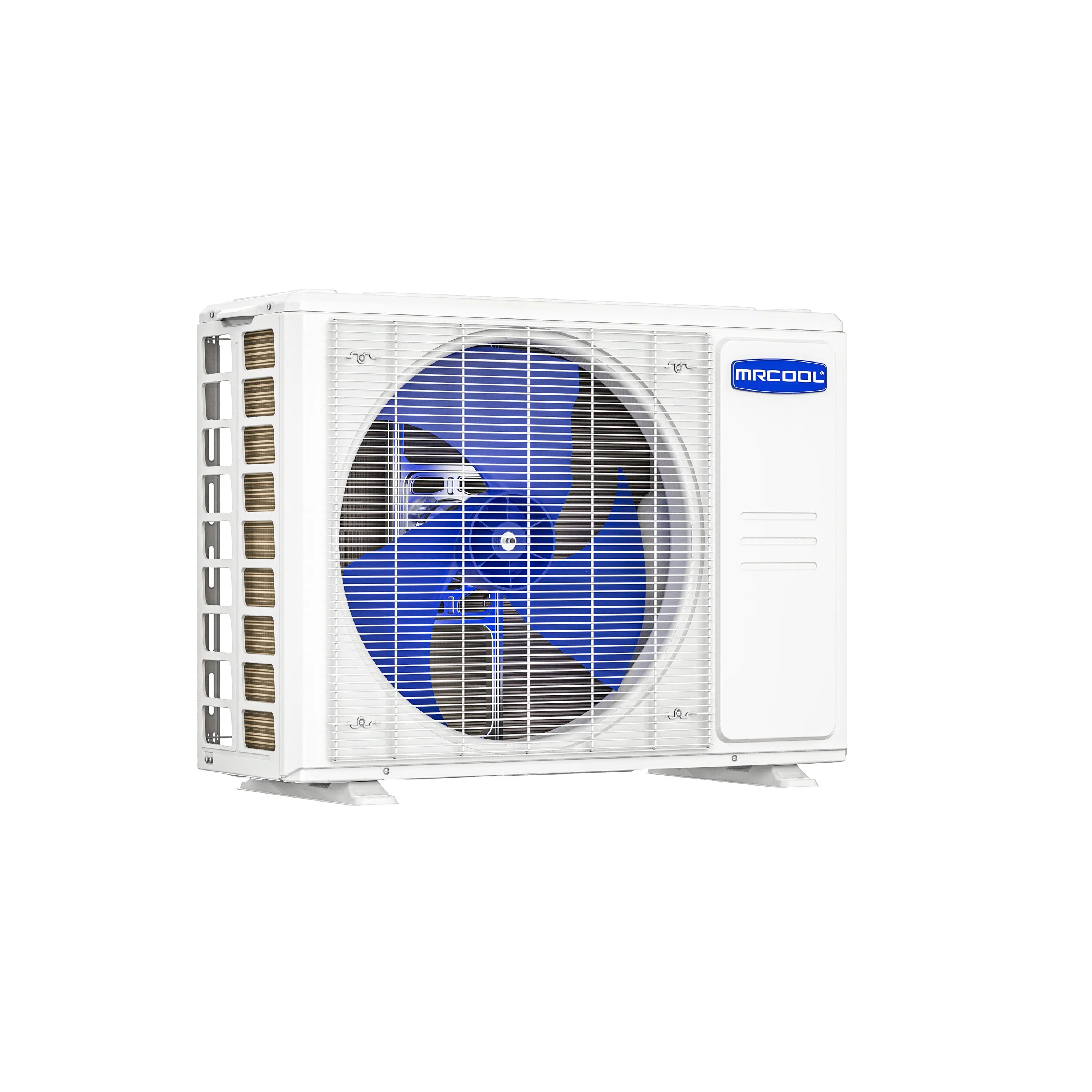 White outdoor heat pump split system condenser with fan grille and logo