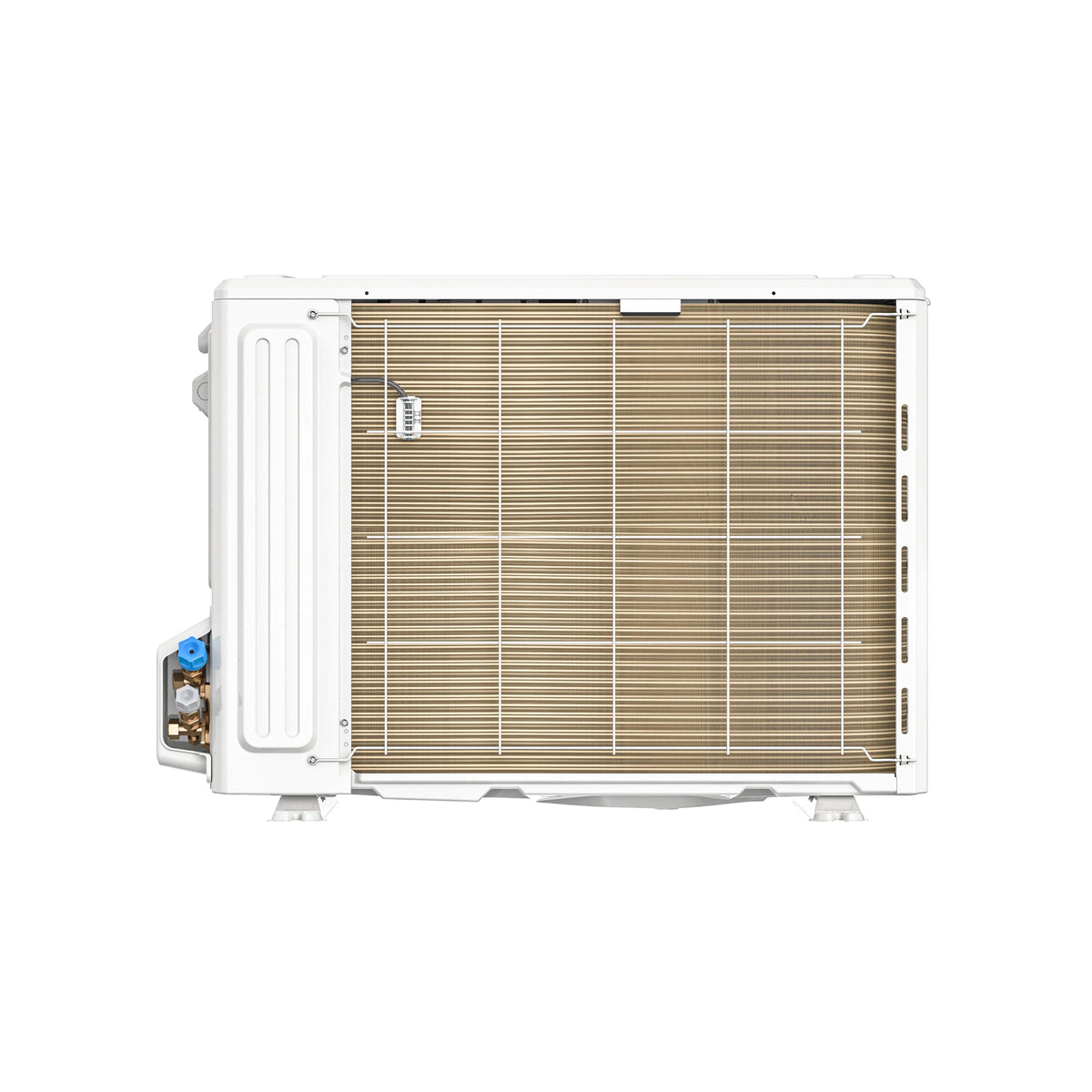 MRCOOL VersaPro 2nd Gen heat pump condenser, side view with louvered condenser coil