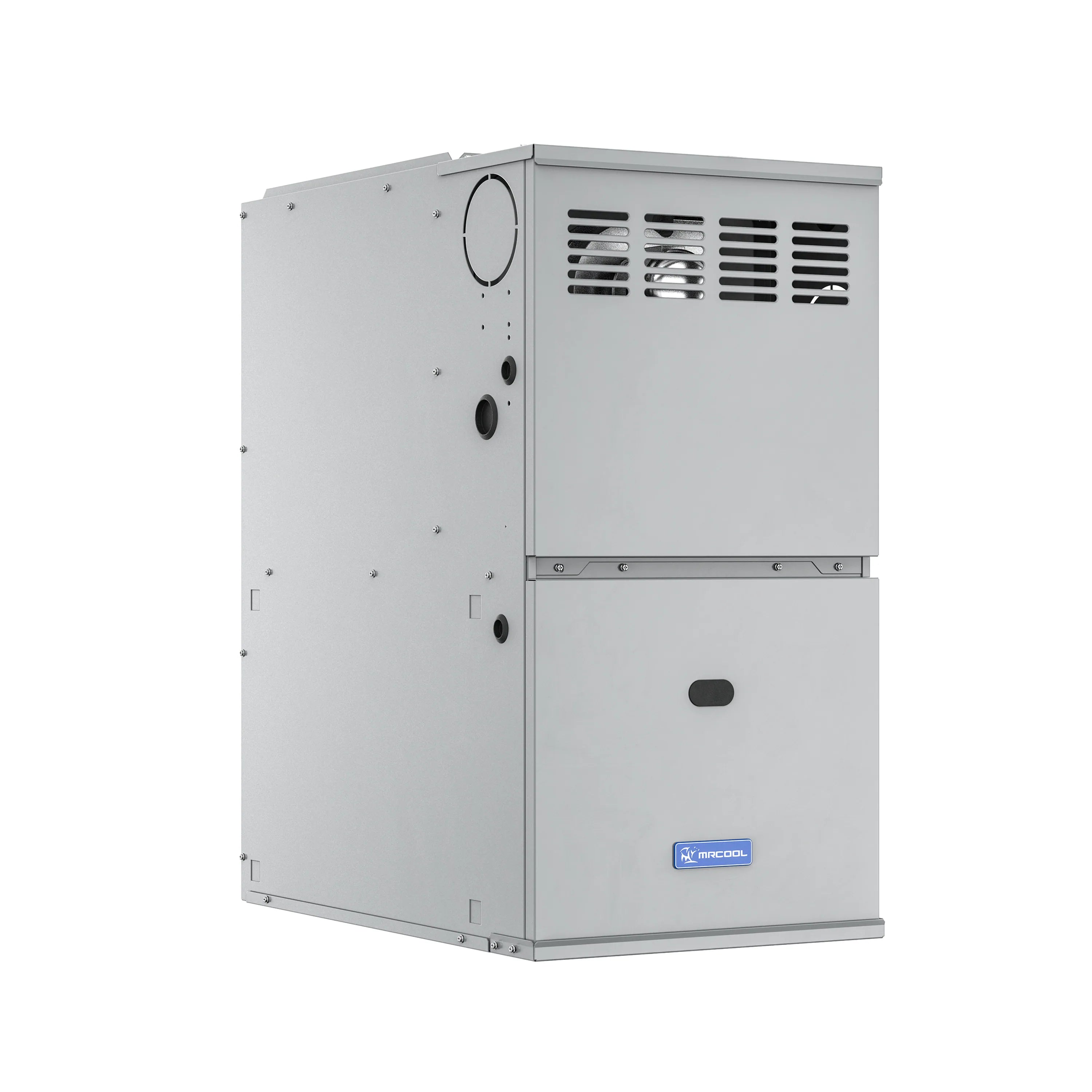 Natural gas furnace with vented upper section and lower access door, metal gray
