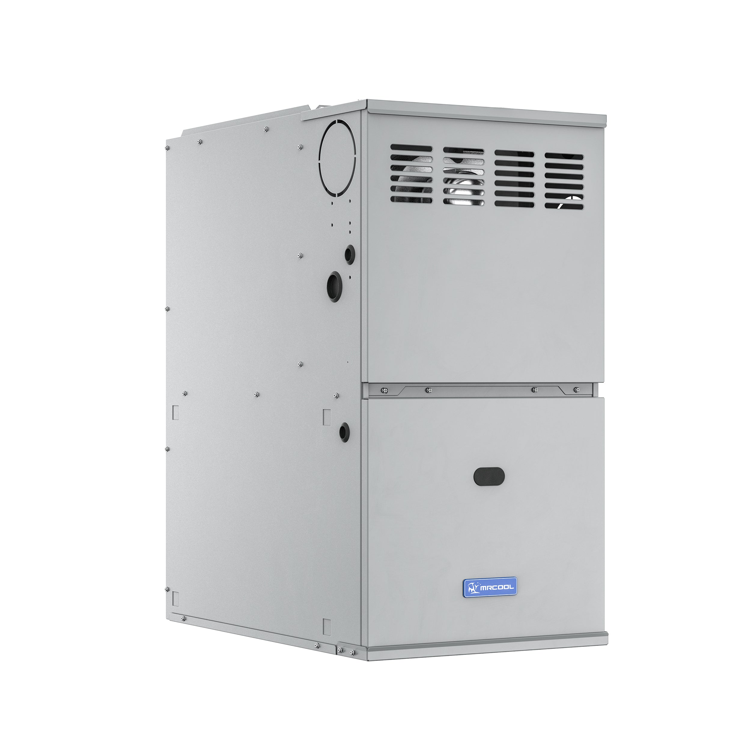 Gas furnace with vent grilles on upper door and lower access panel, gray metal