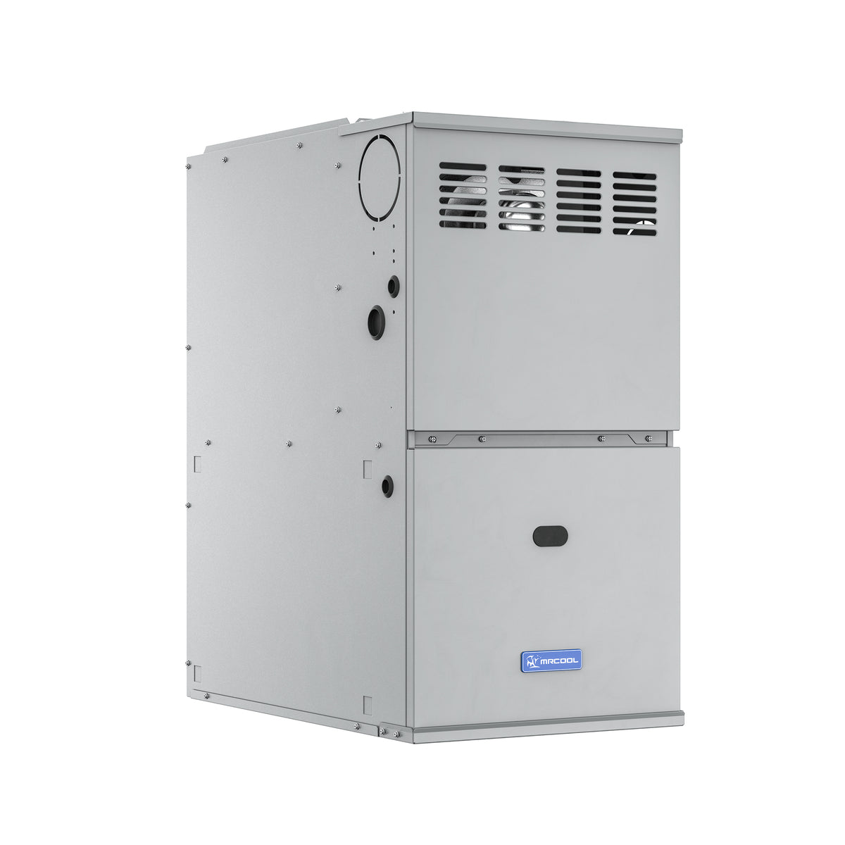 MRCOOL gas furnace with top vent grille and lower access door, metal gray/white