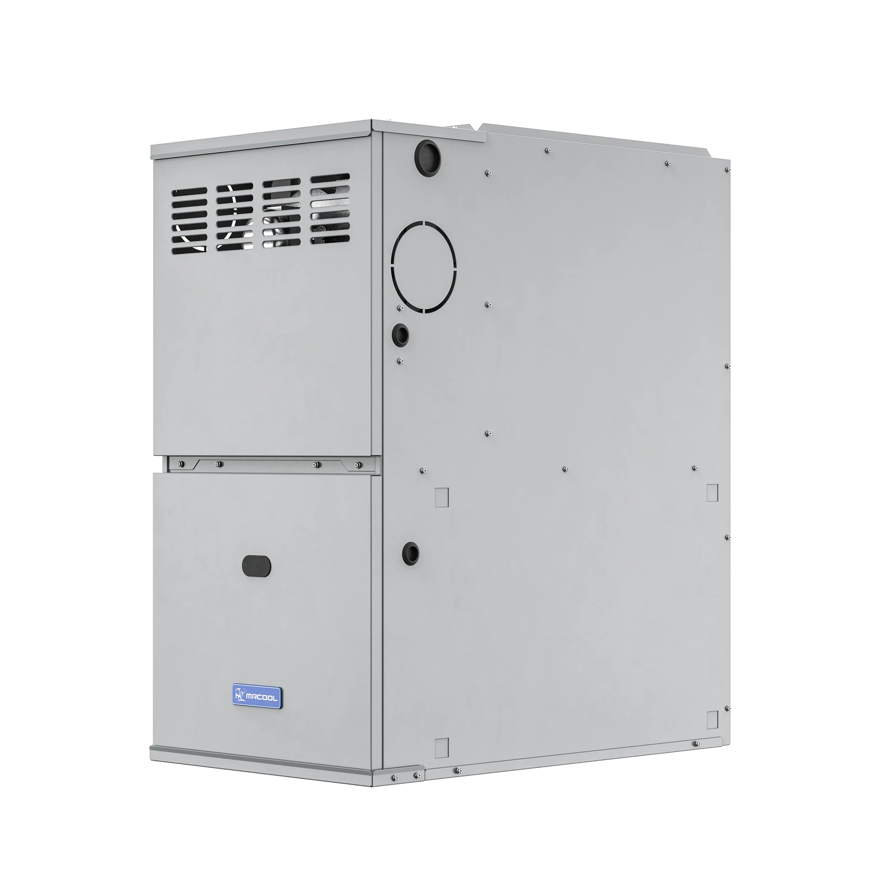 Metal gray natural gas furnace cabinet with vented panel and control openings