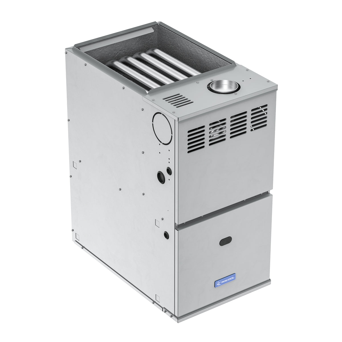 Gray gas furnace with open top grate tray and round vent cap on side
