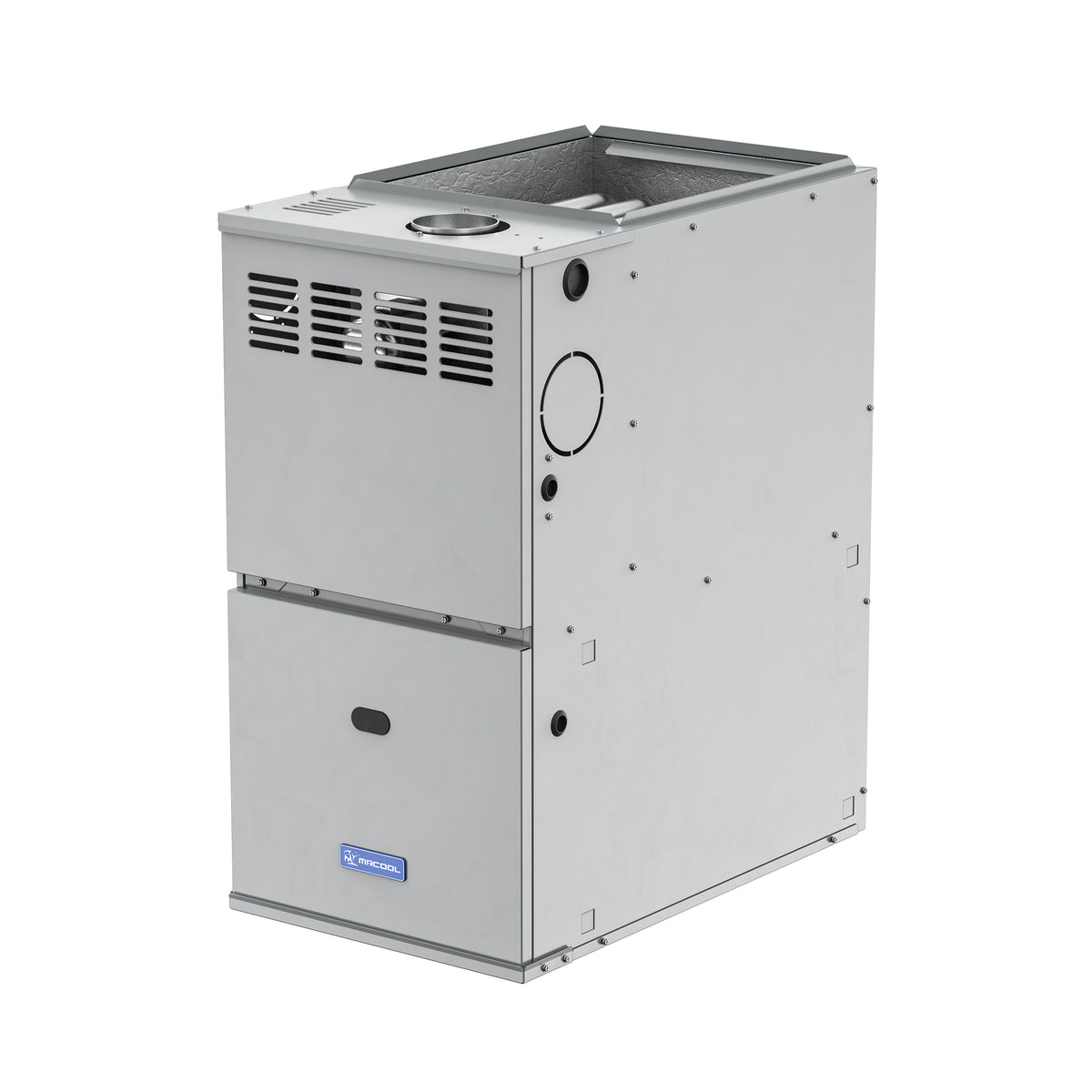 Gas furnace with top vent grilles and front round control dial, gray metal cabinet