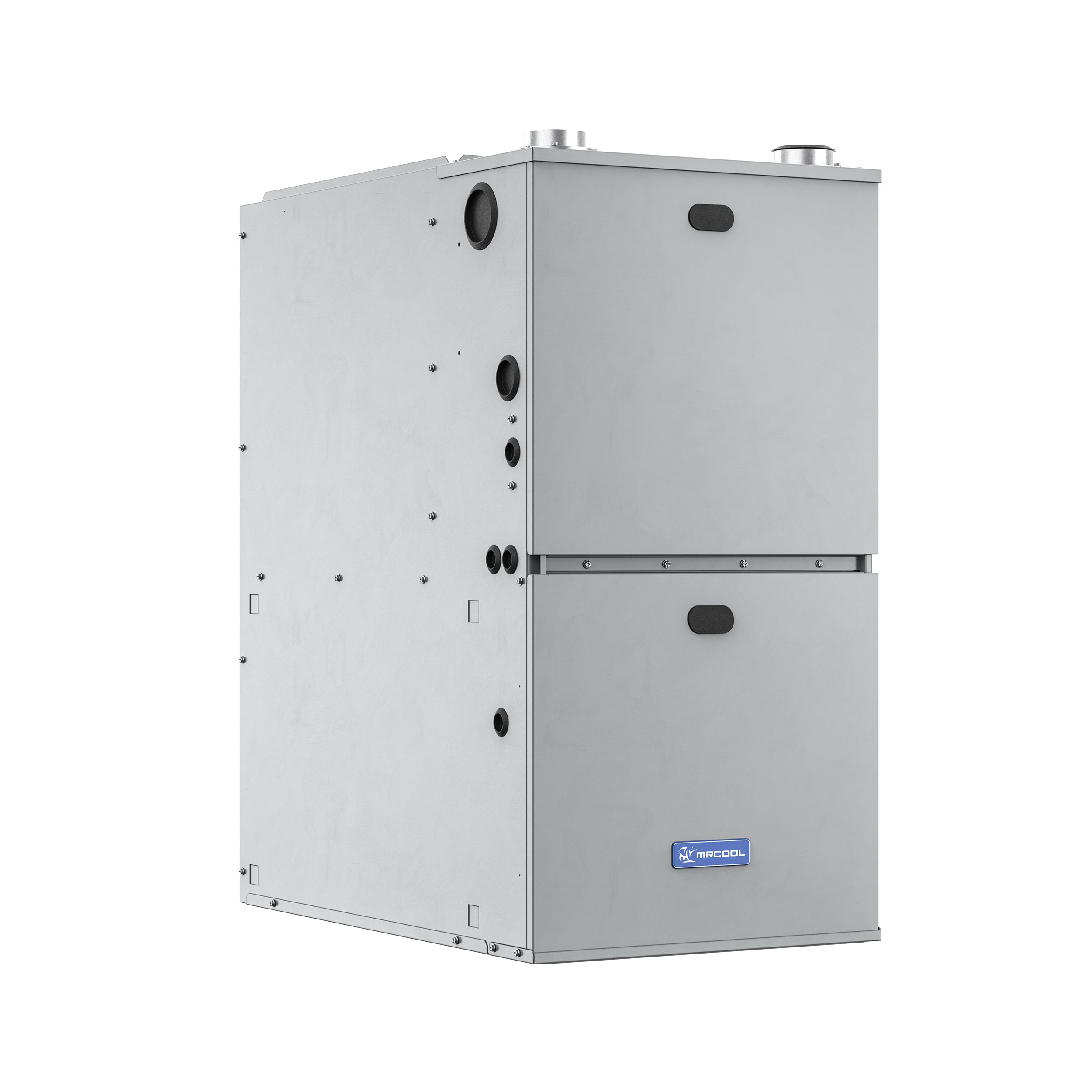 Gas furnace with white cabinet, front panel controls, and round exhaust/vent ports