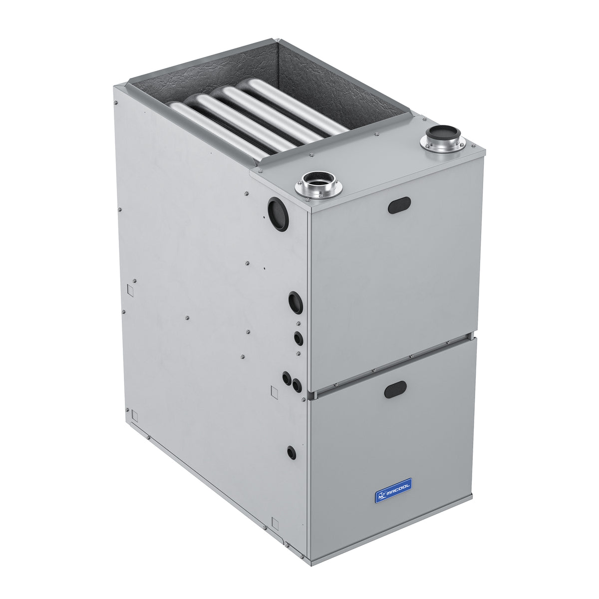 Gas furnace with open top air channel, round flue outlets, and white metal body