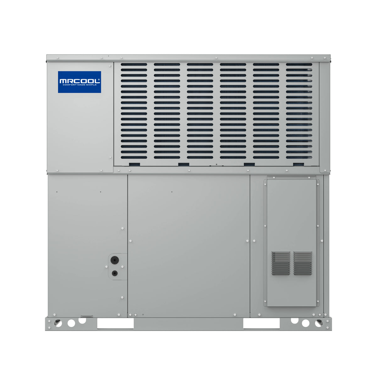Packaged air conditioner condenser unit with MRCOOL logo and vented panels, front view.