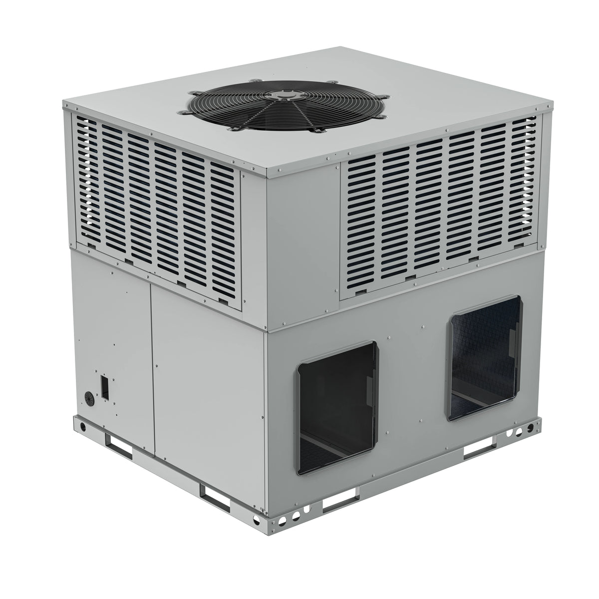 Packaged air conditioner condenser with top fan and side louvers, with access openings.