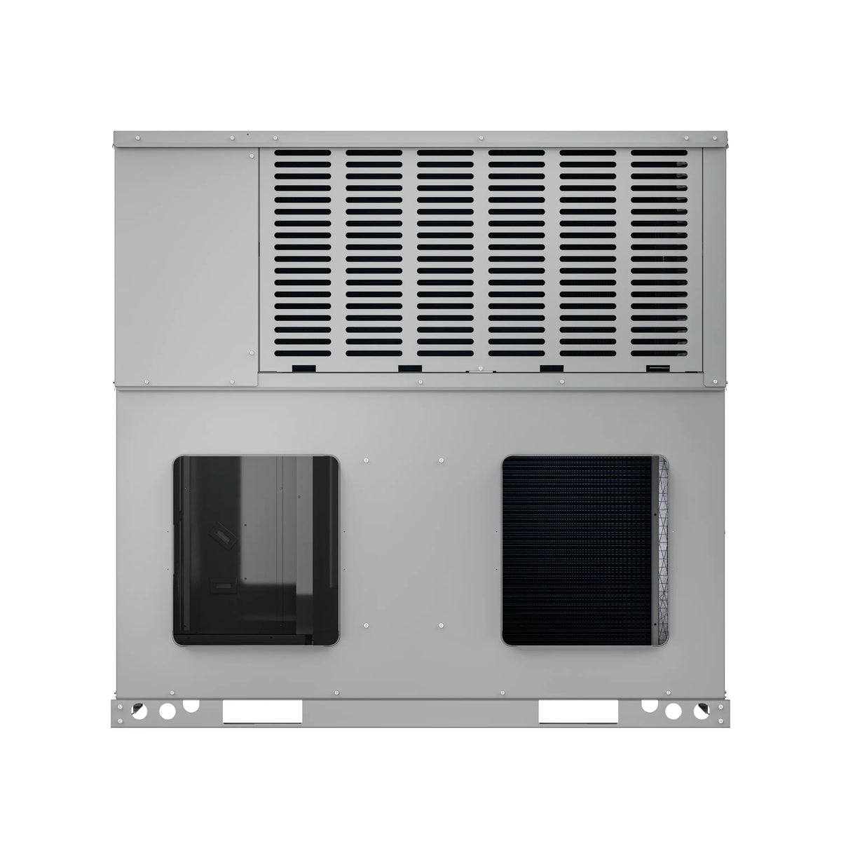 Packaged air conditioner condenser with two access windows and louvered top grille.