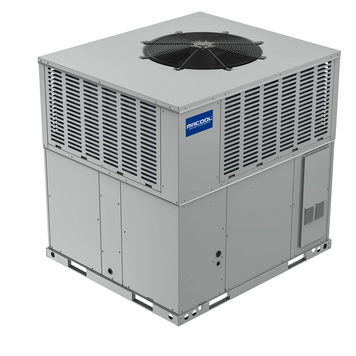 Packaged air conditioner condenser with top fan and louvered side grilles, angled view.