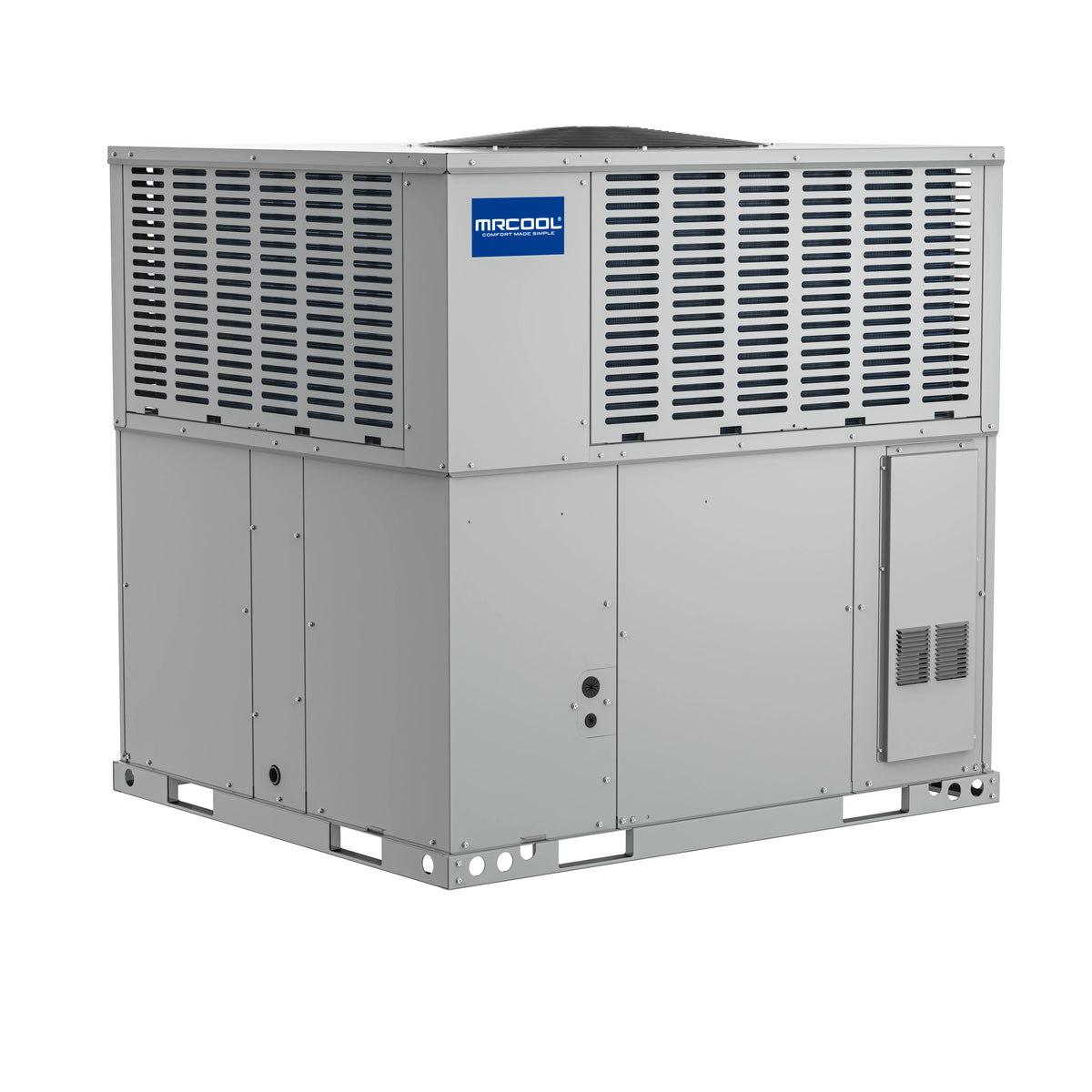 Packaged air conditioner condenser unit with MRCOOL logo, side louver vents, corner view.