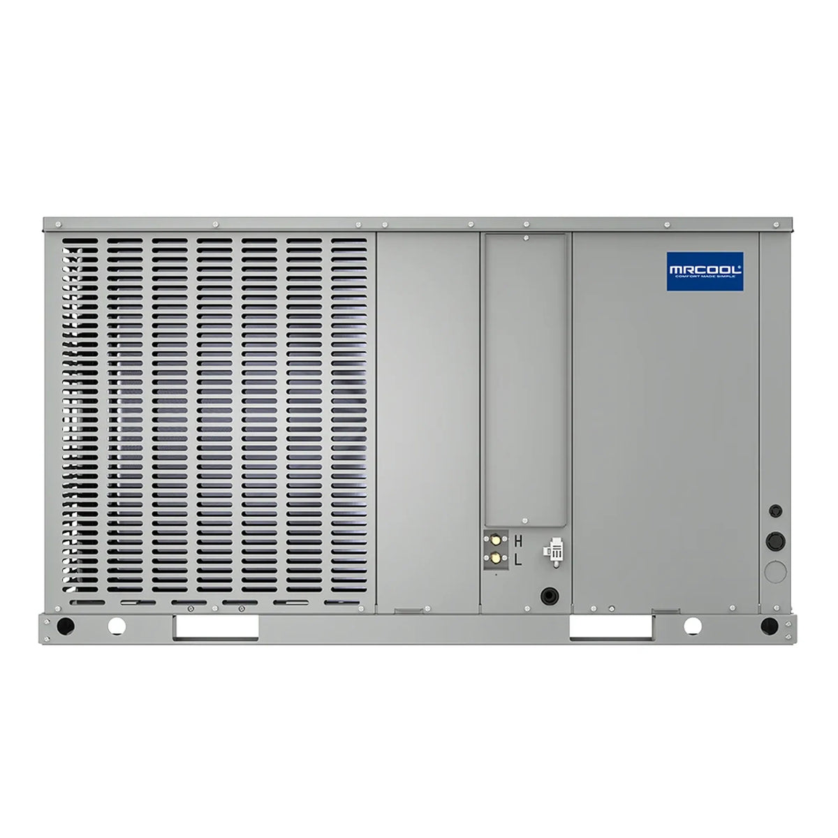 Gray packaged heat pump side view with louvered vents and control label