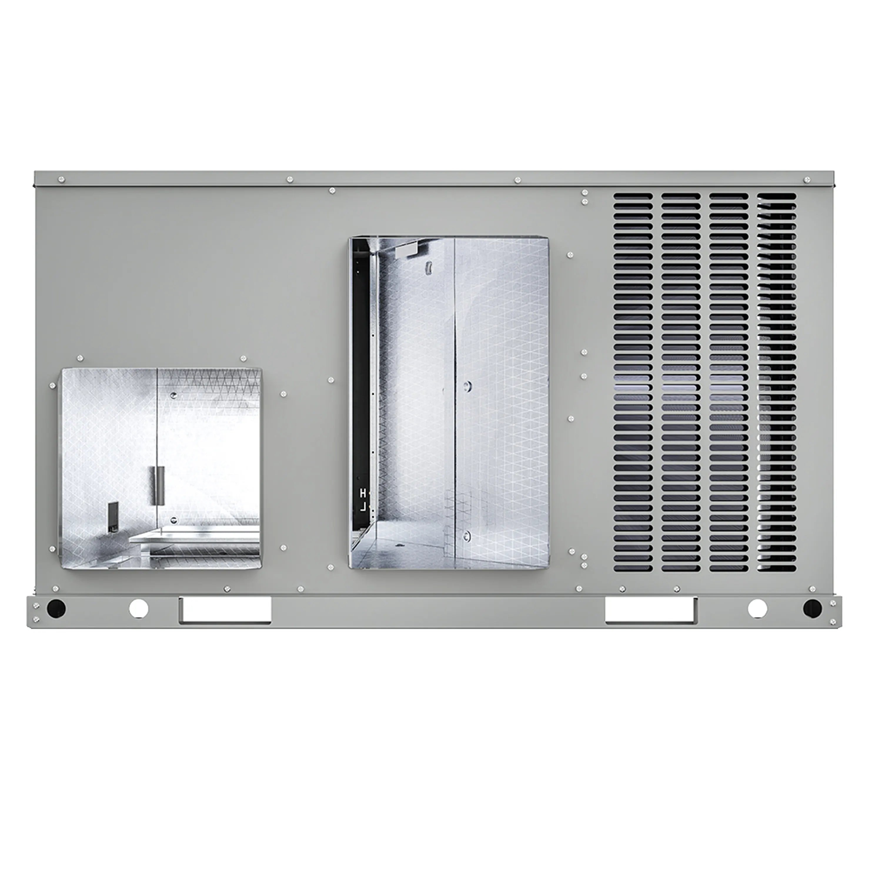 Gray heat pump unit back panel with open service access and louver vent grilles
