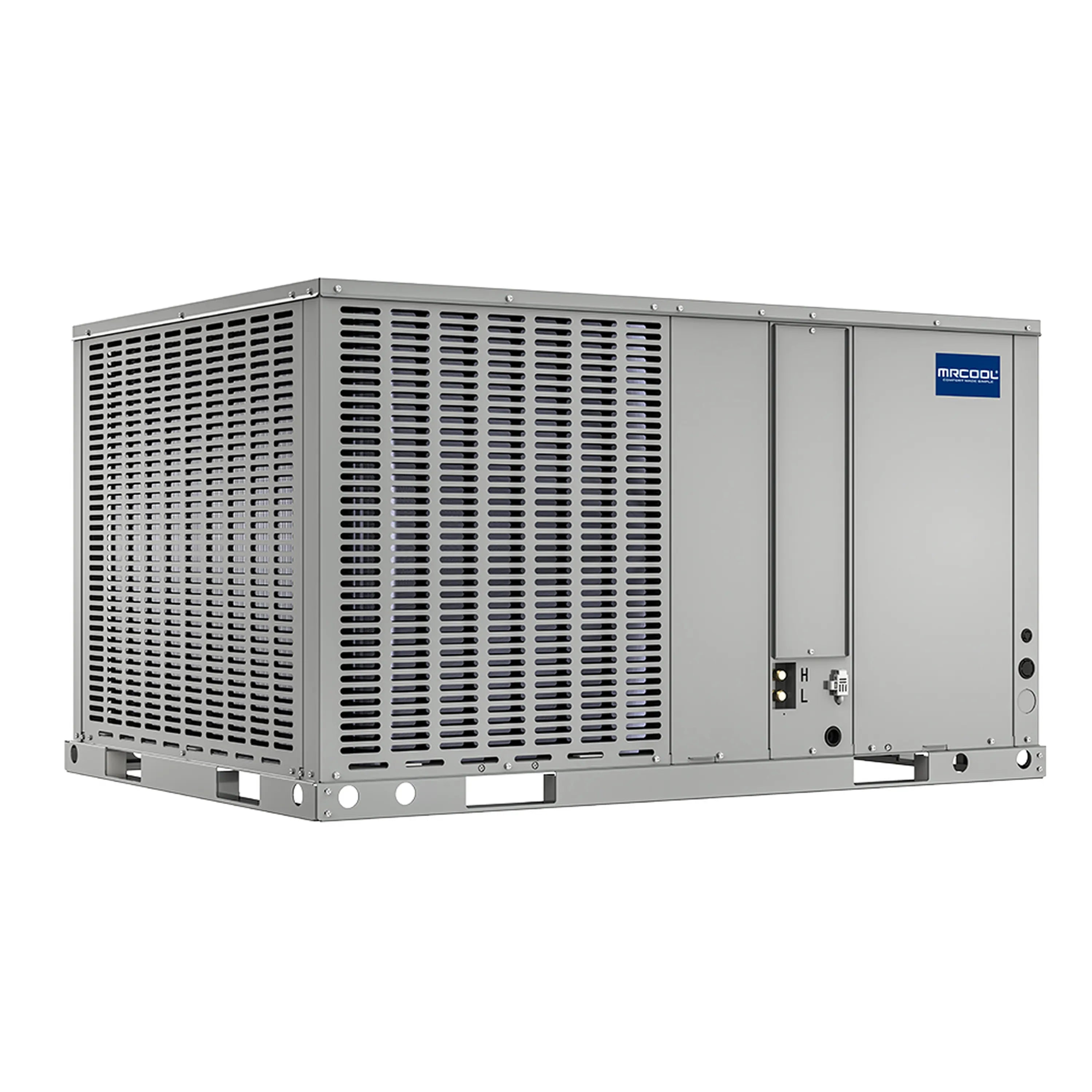 Gray packaged heat pump outdoor unit, side panel controls and front vent grilles