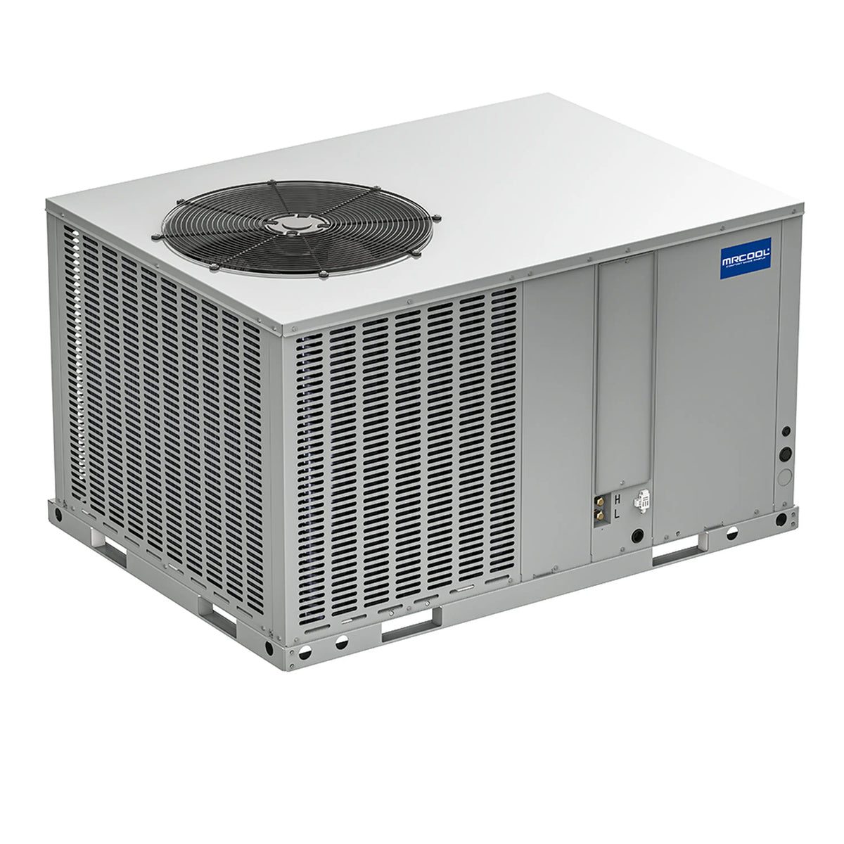 Gray packaged heat pump condenser unit with fan grille and side control panel