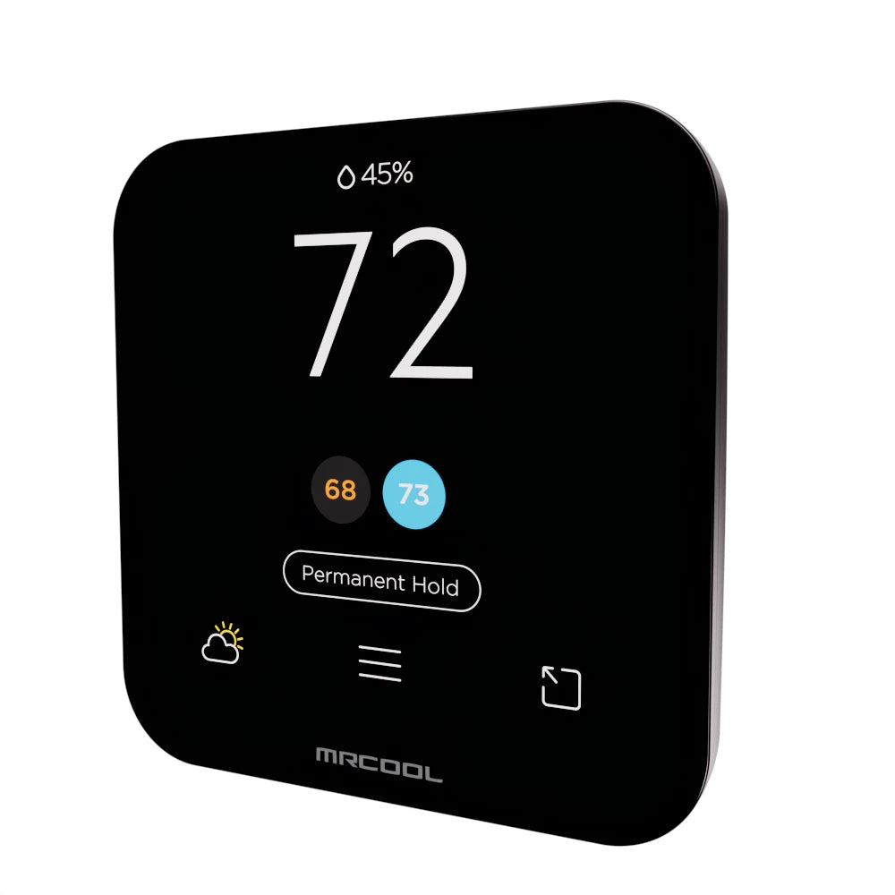 MRCOOL Smart Thermostat displaying 72°F with Permanent Hold on black screen