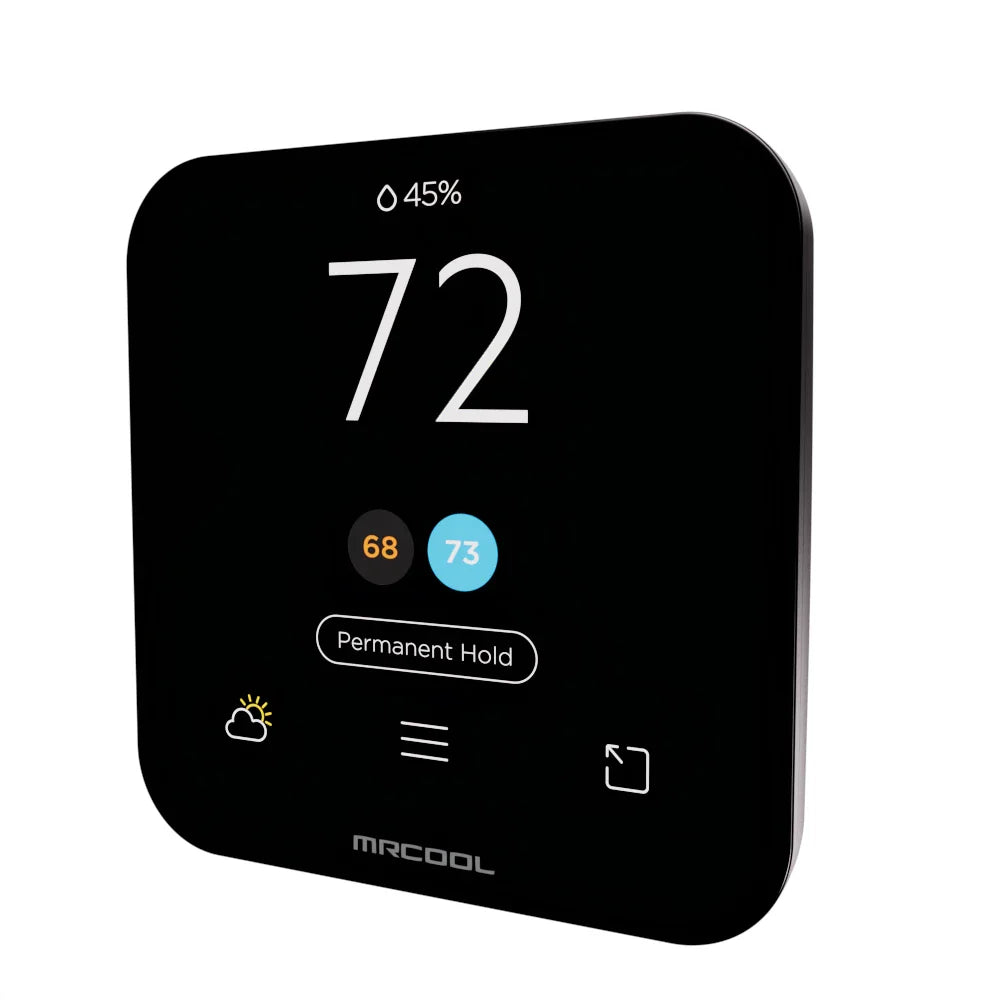 MRCOOL wall thermostat with 72°F display and Permanent Hold indicator