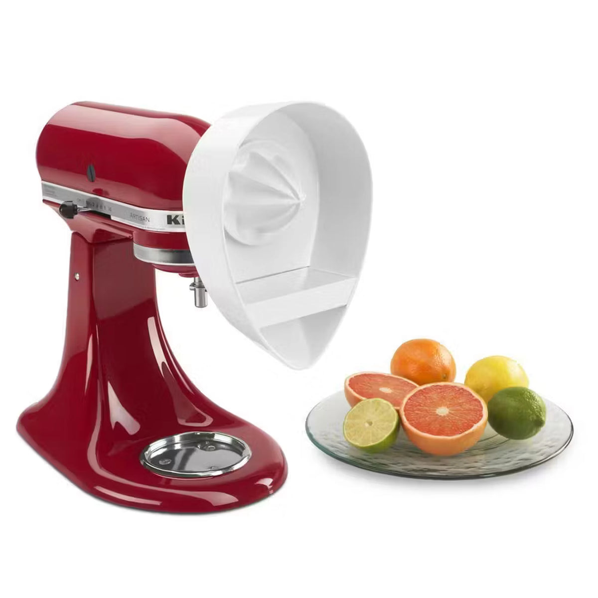 Citrus juicer attachment with white cone and reamer, plus citrus slices.