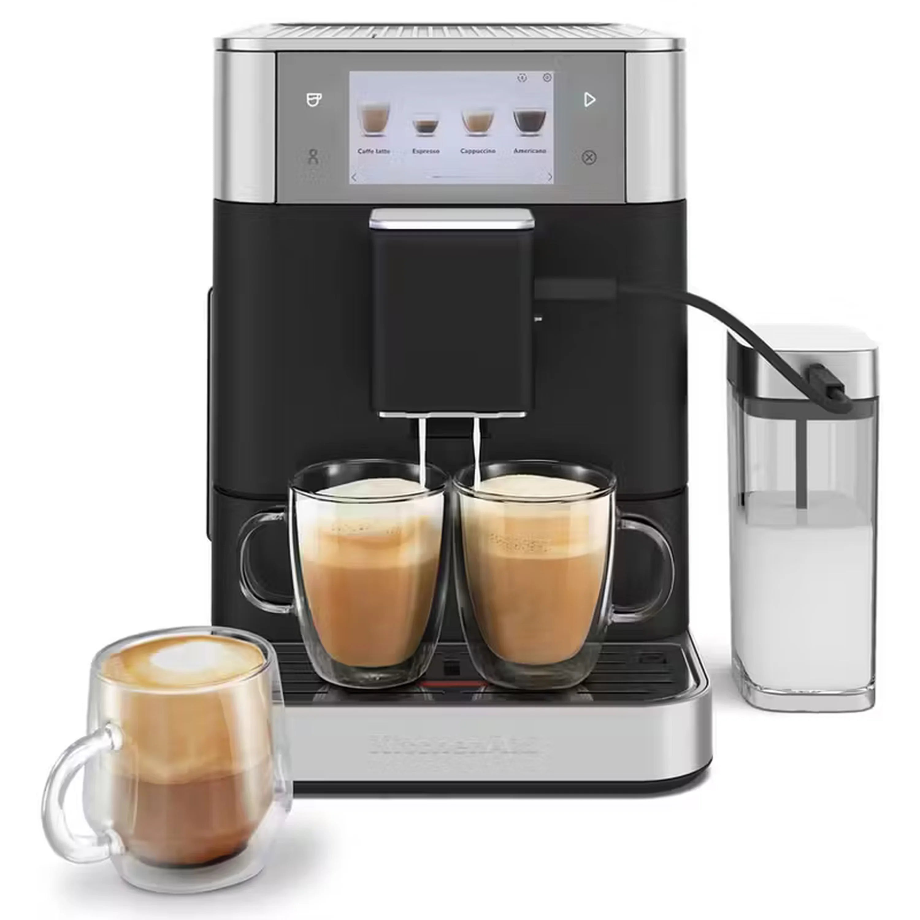 Black and stainless espresso machine dispensing into two cups; milk container beside it.