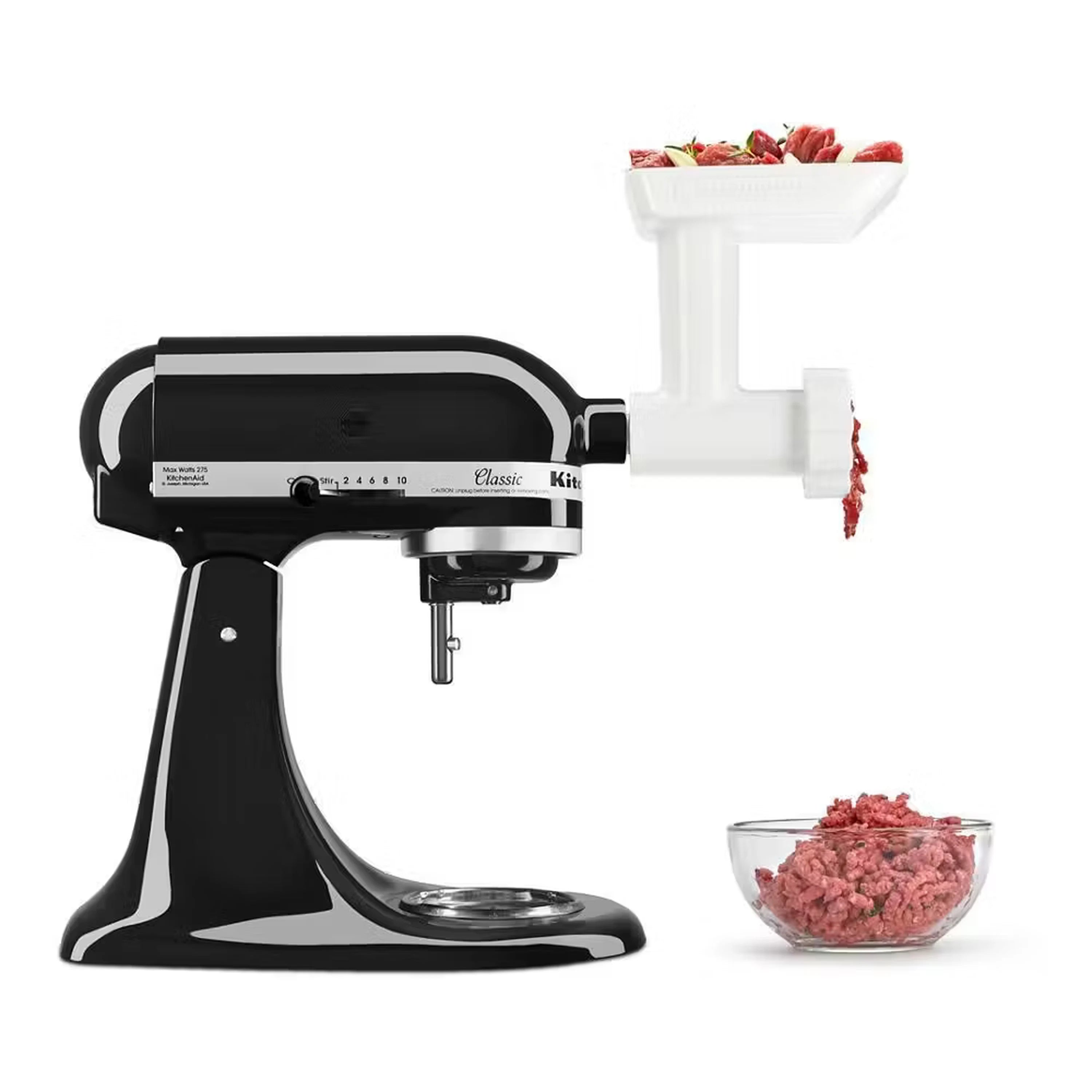 Onyx black tilt-head stand mixer with stainless bowl, white attachment funnel